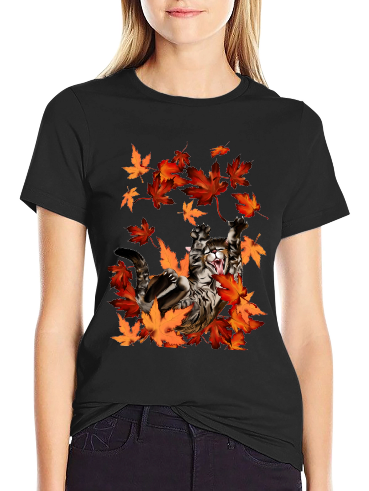 Cat in Autumn Leaves Black Graphic T-Shirt