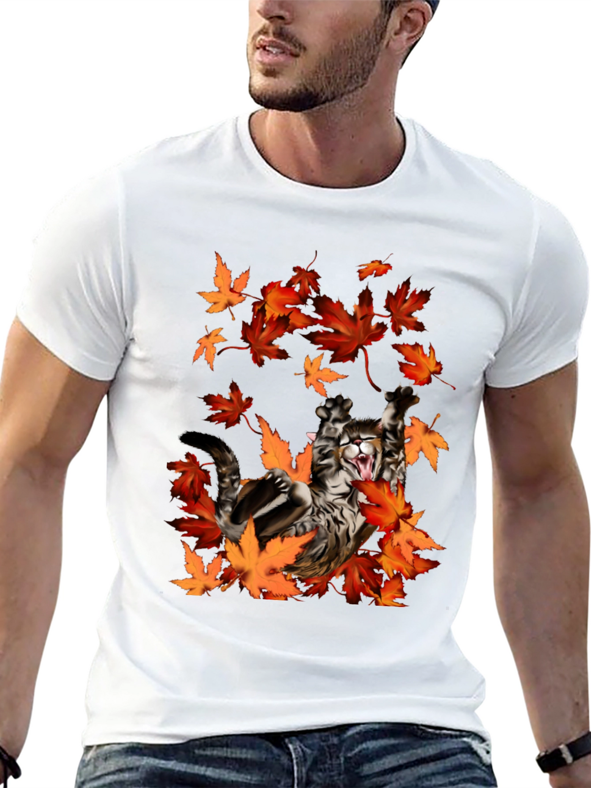 Cat in Autumn Leaves Black Graphic T-Shirt