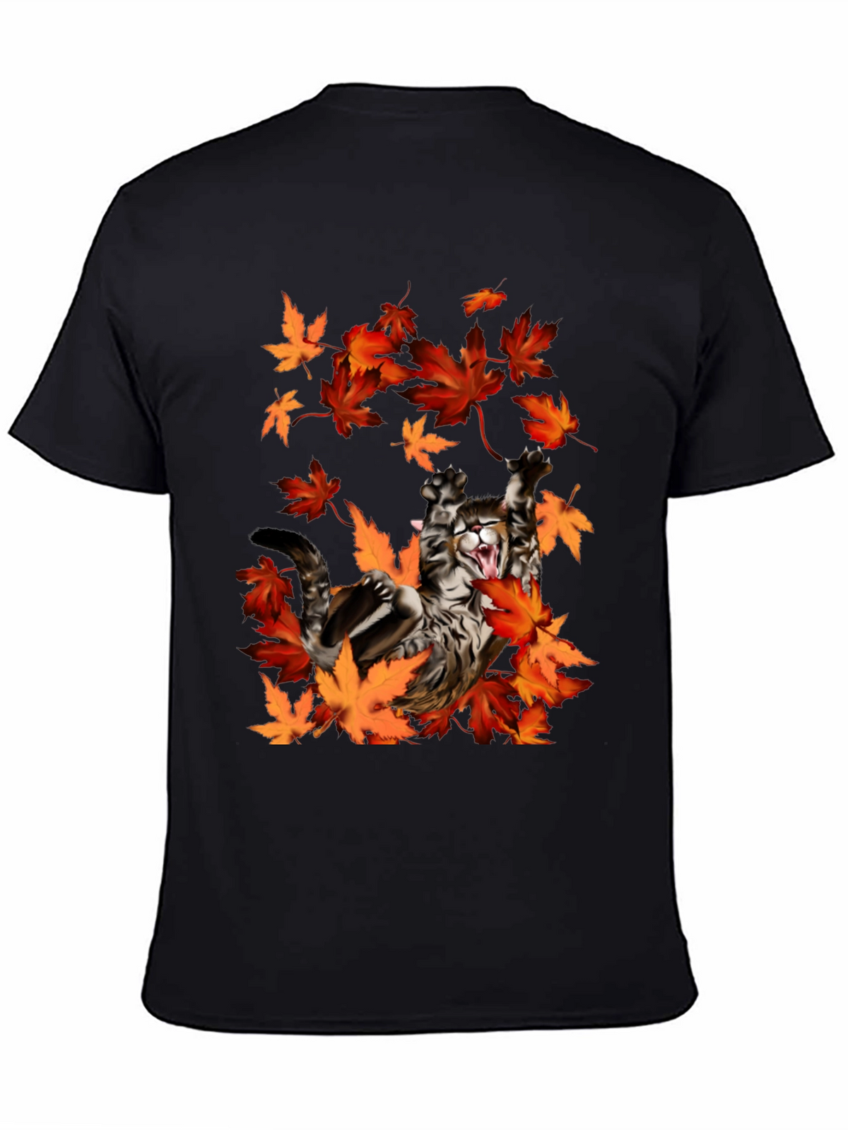 Cat in Autumn Leaves Black Graphic T-Shirt