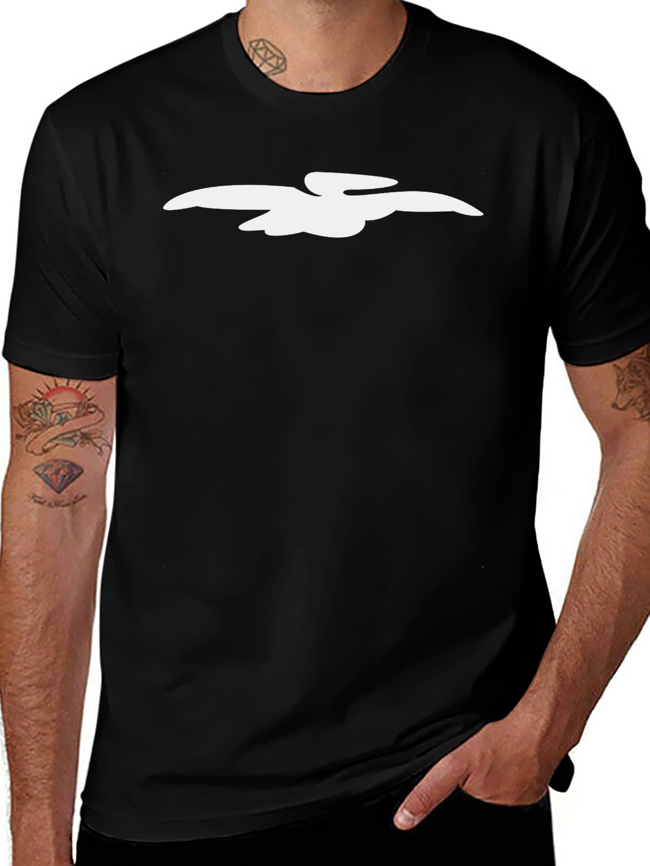 Black T-Shirt with White Bird Graphic