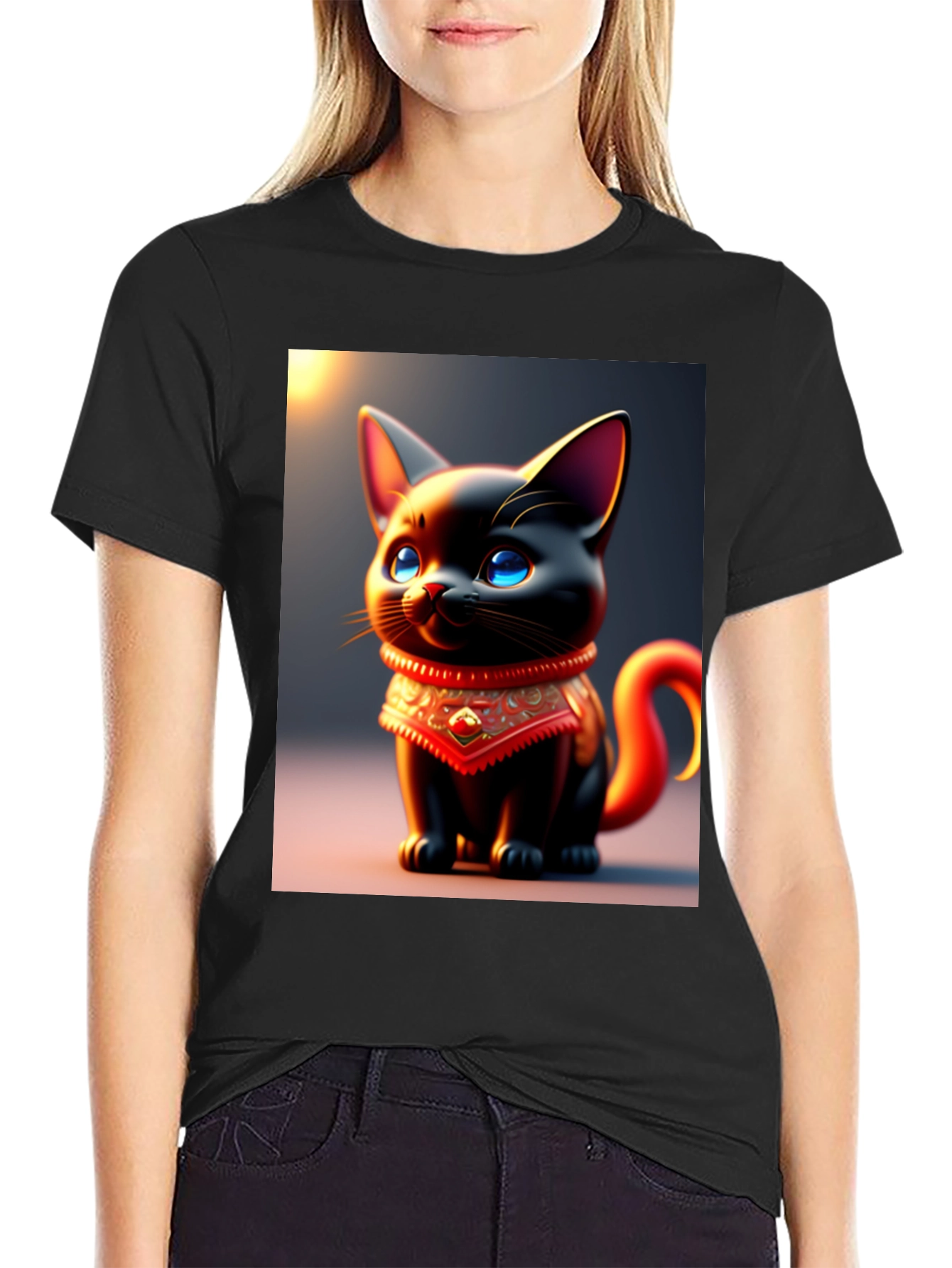 Cute Cartoon Cat Black T-Shirt