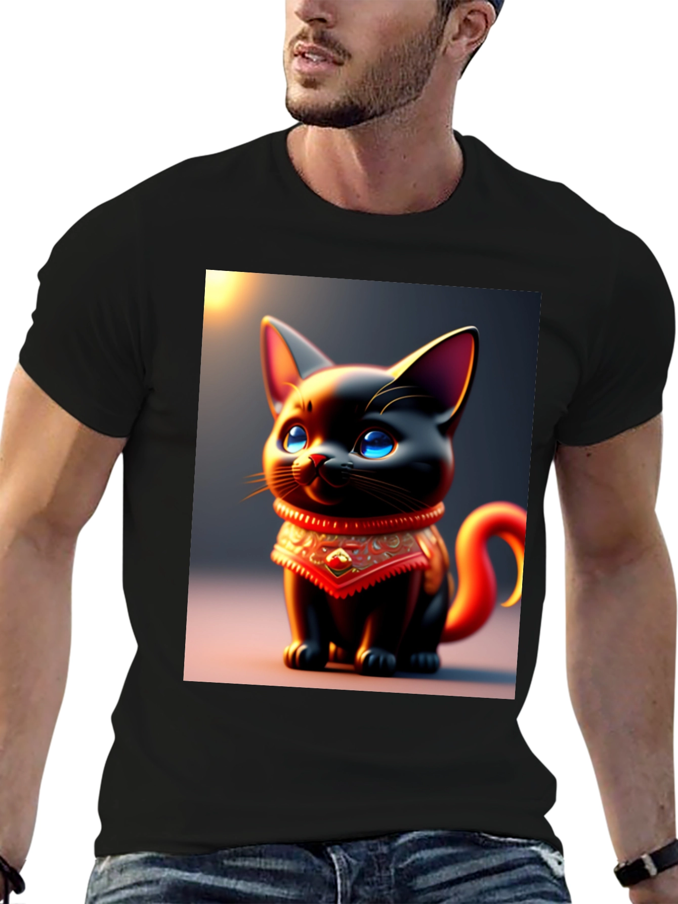 Cute Cartoon Cat Black T-Shirt