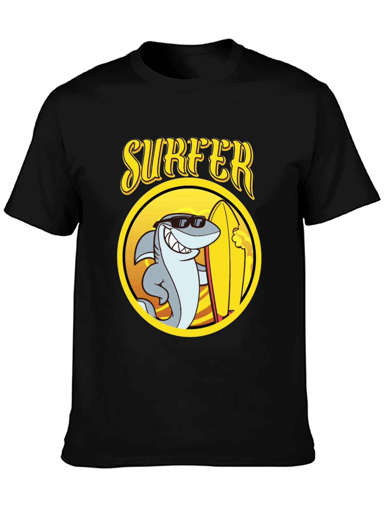 Cool Shark Surfer Graphic Tee - Black Cotton T-Shirt