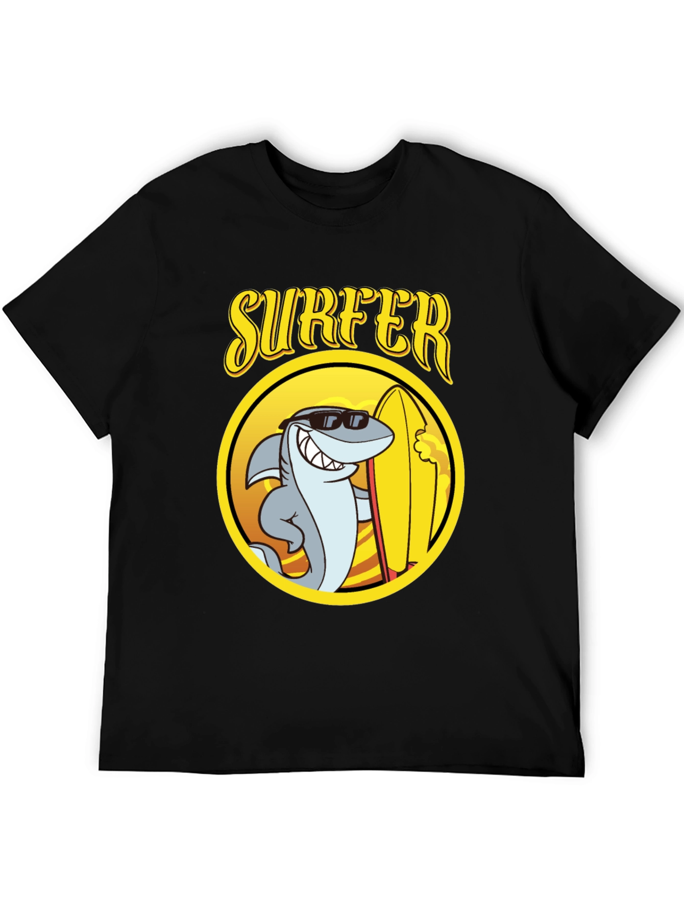 Cool Shark Surfer Graphic Tee - Black Cotton T-Shirt