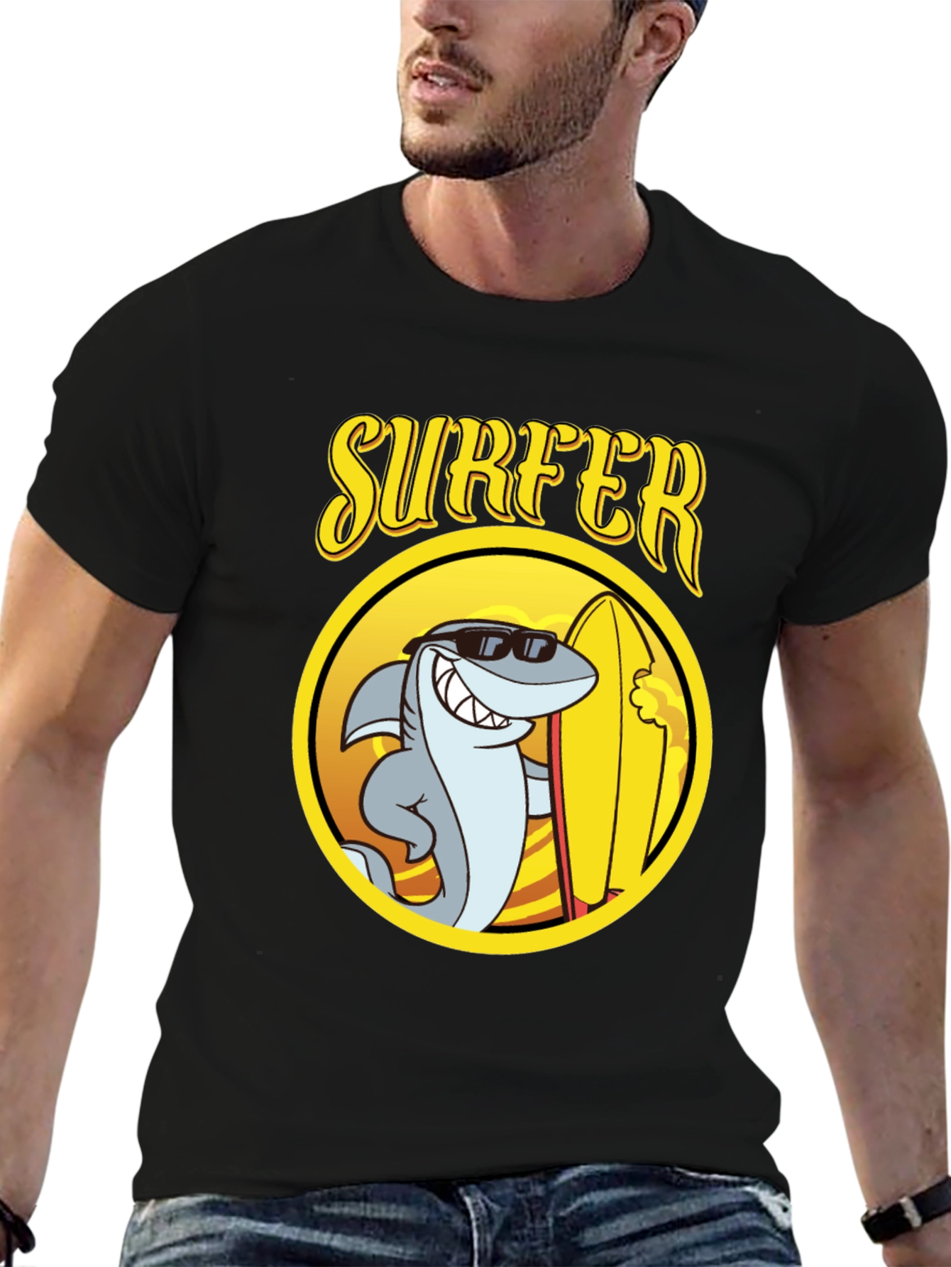 Cool Shark Surfer Graphic Tee - Black Cotton T-Shirt