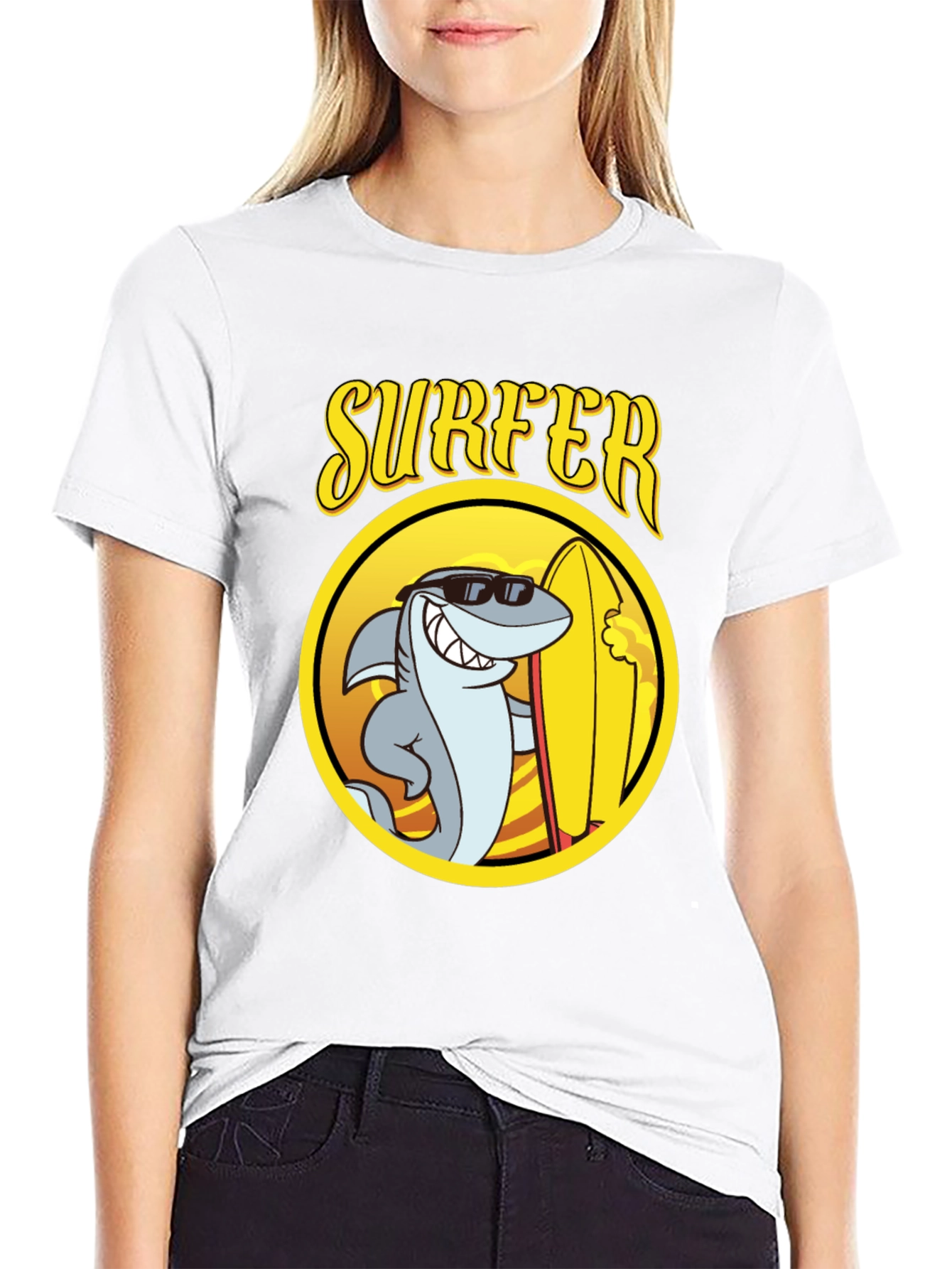 Cool Shark Surfer Graphic Tee - Black Cotton T-Shirt