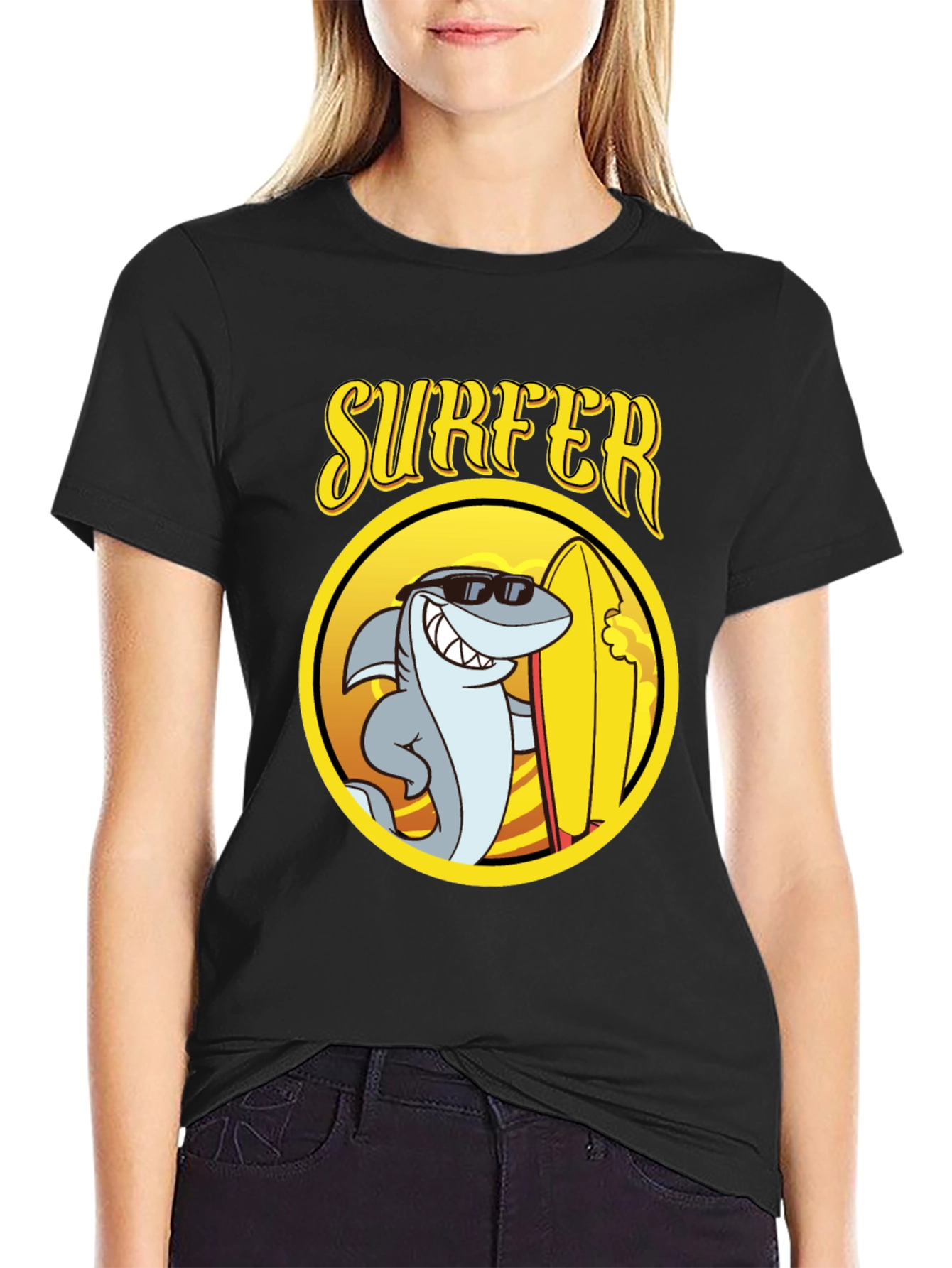 Cool Shark Surfer Graphic Tee - Black Cotton T-Shirt