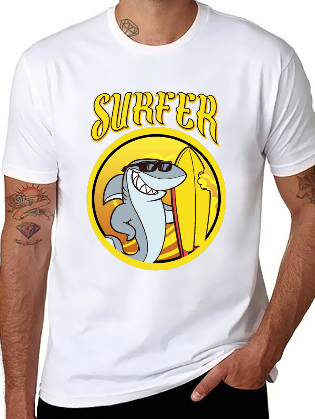Cool Shark Surfer Graphic Tee - Black Cotton T-Shirt