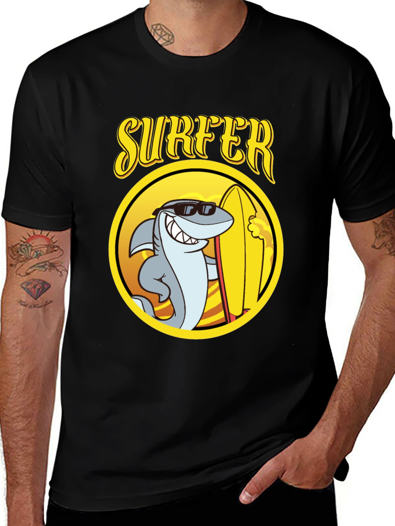 Cool Shark Surfer Graphic Tee - Black Cotton T-Shirt
