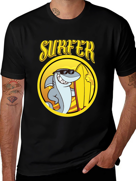 Cool Shark Surfer Graphic Tee - Black Cotton T-Shirt
