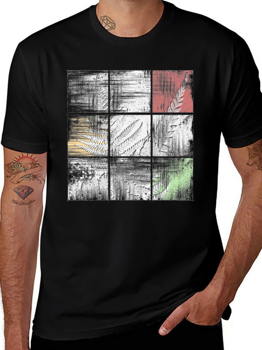 Abstract Botanical Grid Graphic Tee - Black Casual Shirt