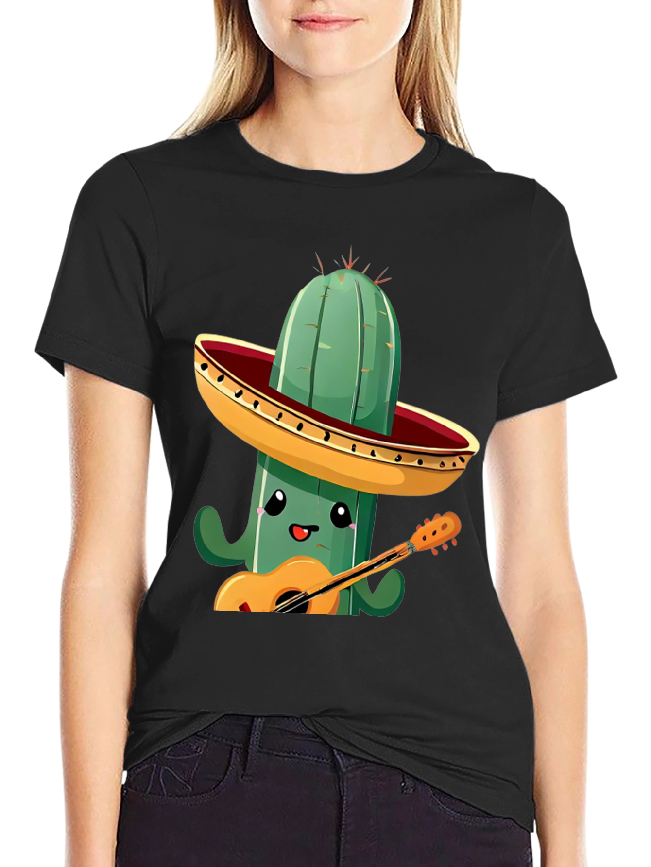 Cactus Musician Graphic Tee - Black Cotton T-Shirt
