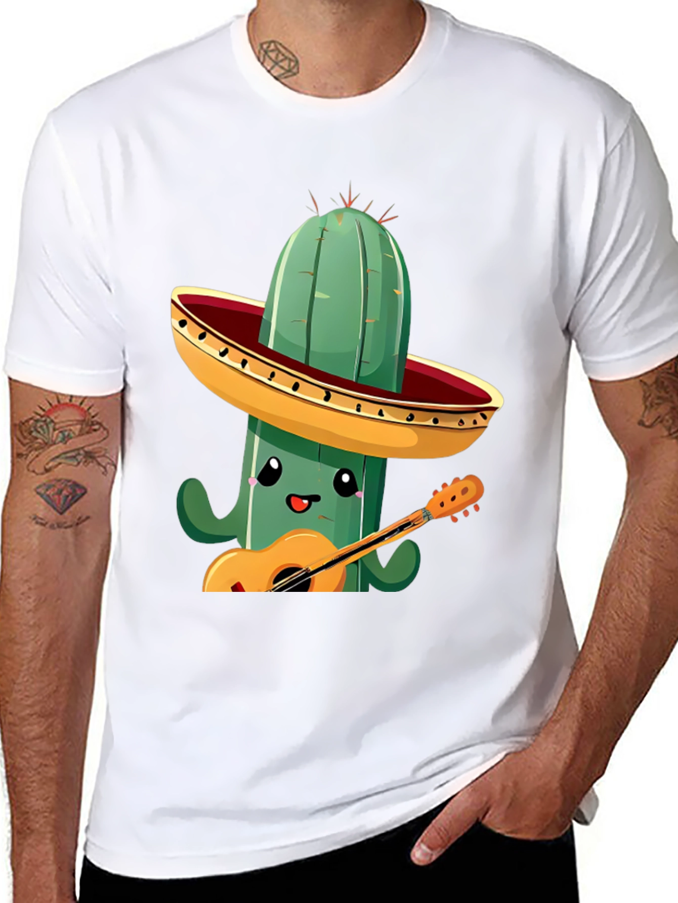 Cactus Musician Graphic Tee - Black Cotton T-Shirt
