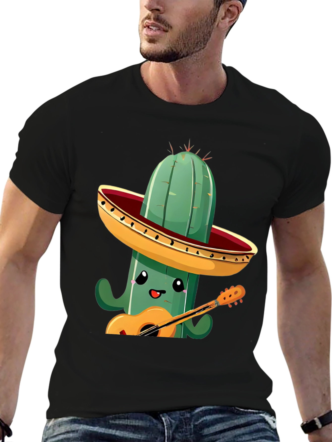 Cactus Musician Graphic Tee - Black Cotton T-Shirt