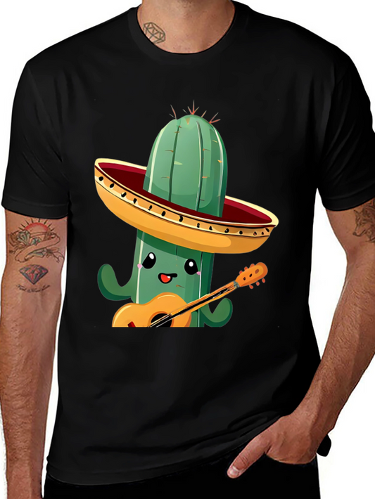 Cactus Musician Graphic Tee - Black Cotton T-Shirt