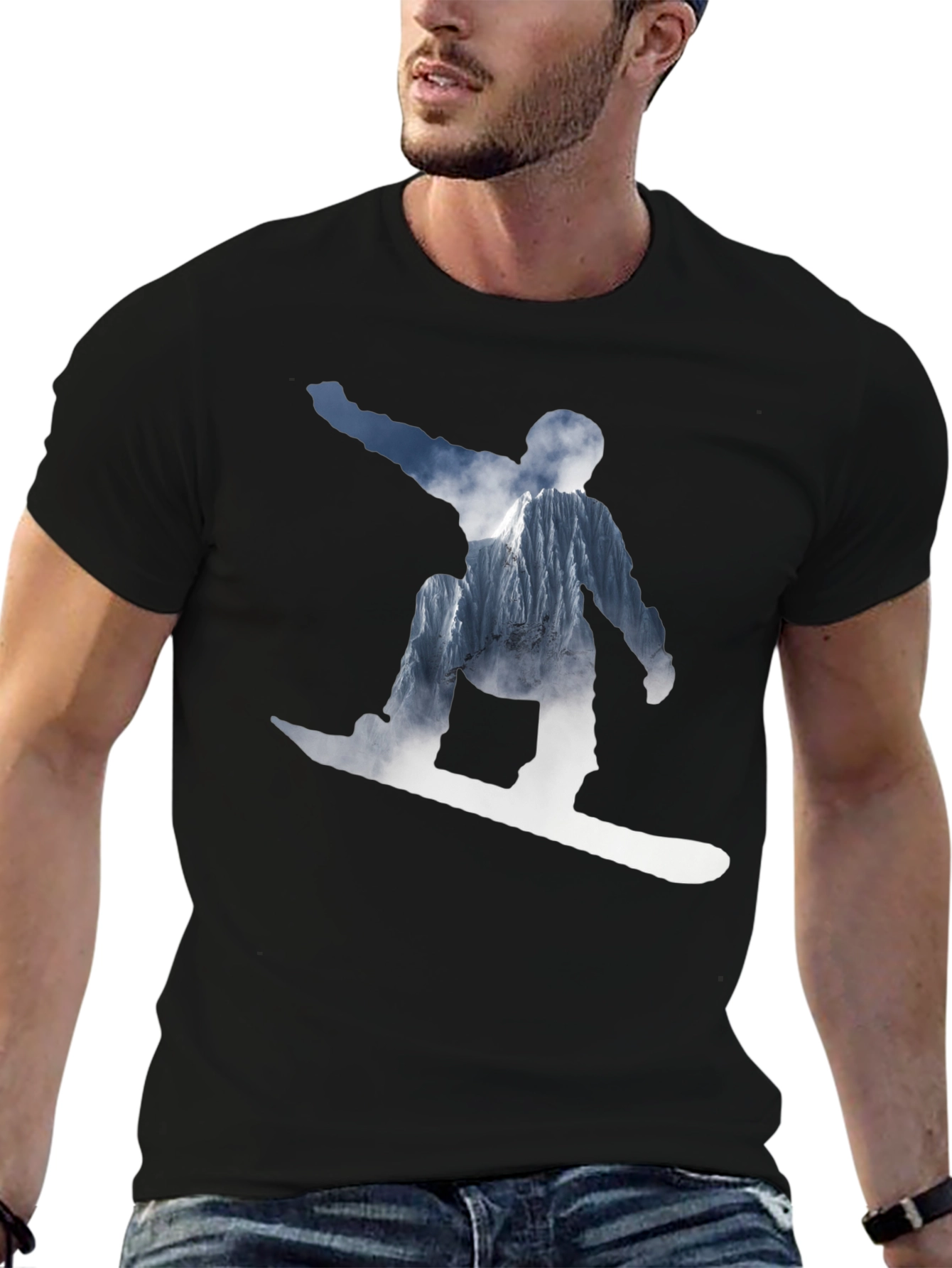 Snowboarder Mountain Graphic T-Shirt - Black