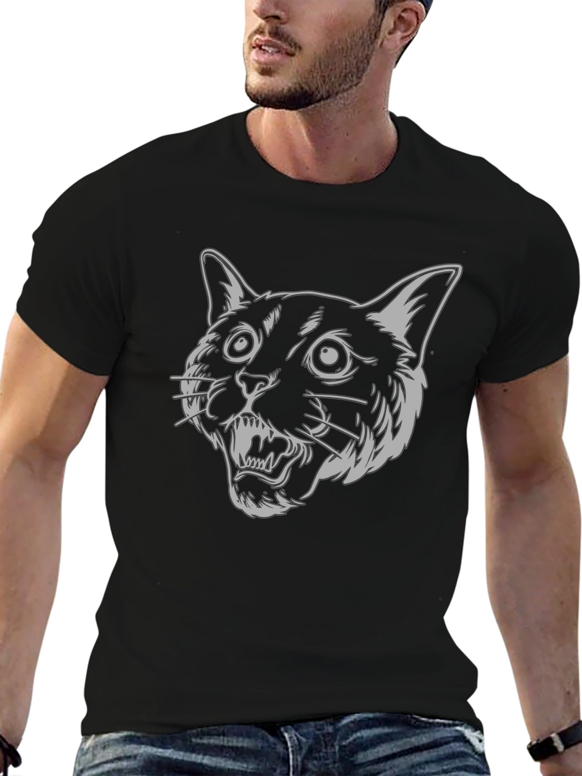 Mens Black T-Shirt - Graphic Cat Design