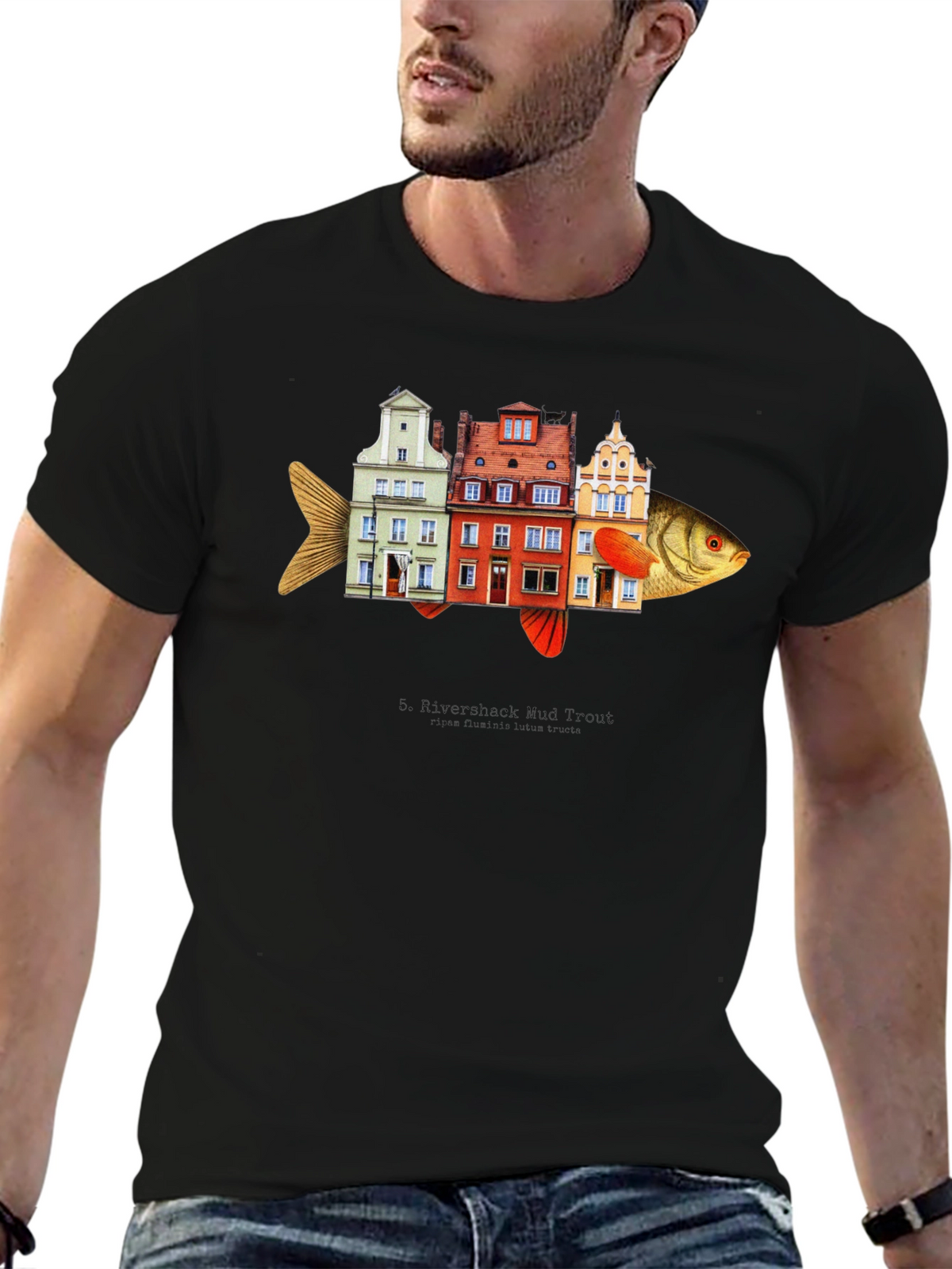 Riverbank Mud Front Fish Building T-Shirt