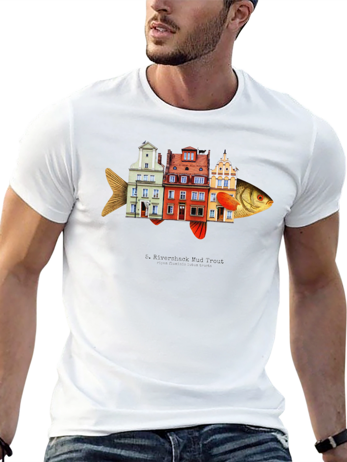 Riverbank Mud Front Fish Building T-Shirt