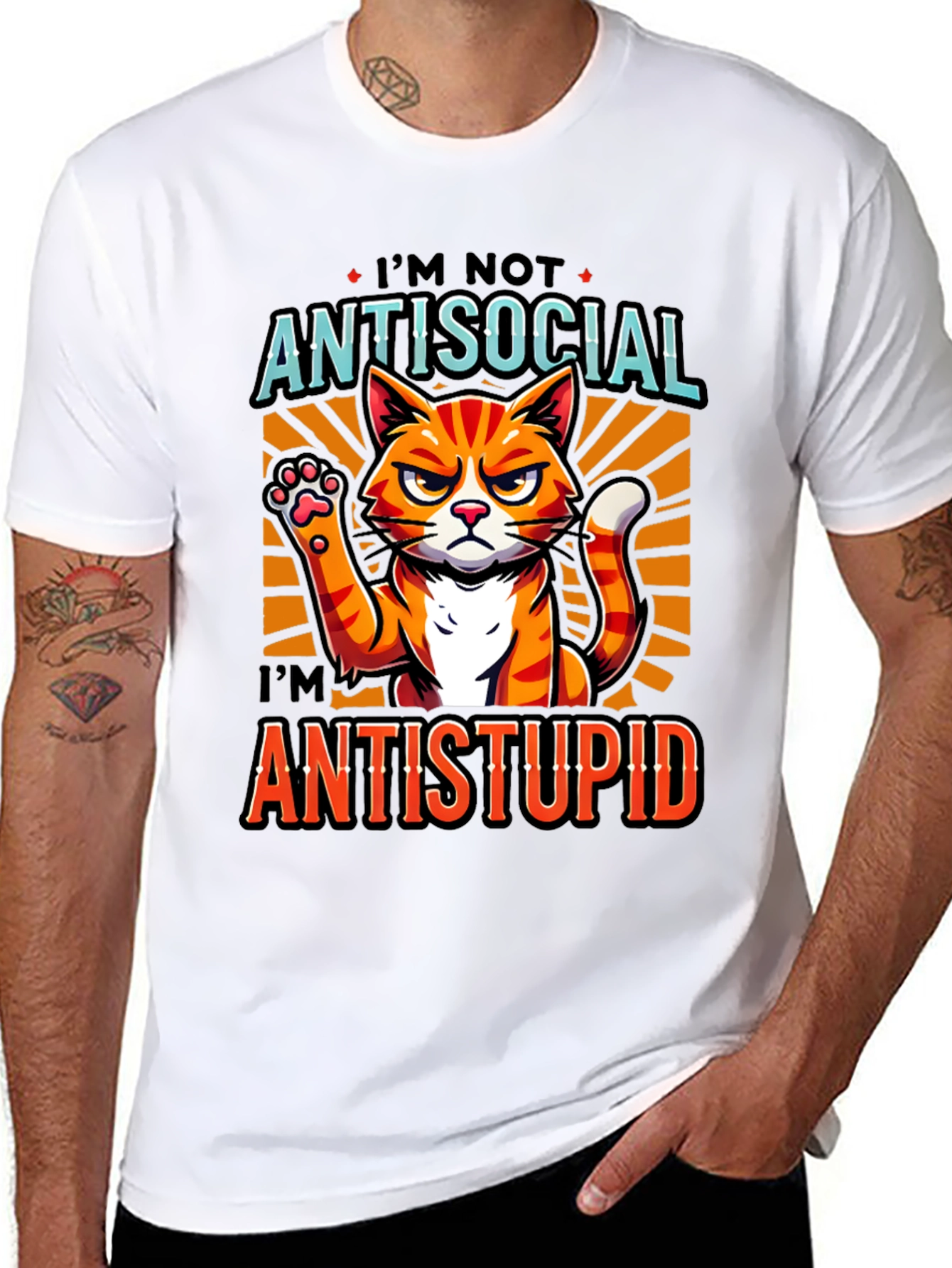 Antisocial Antistupid Cat Graphic T-Shirt