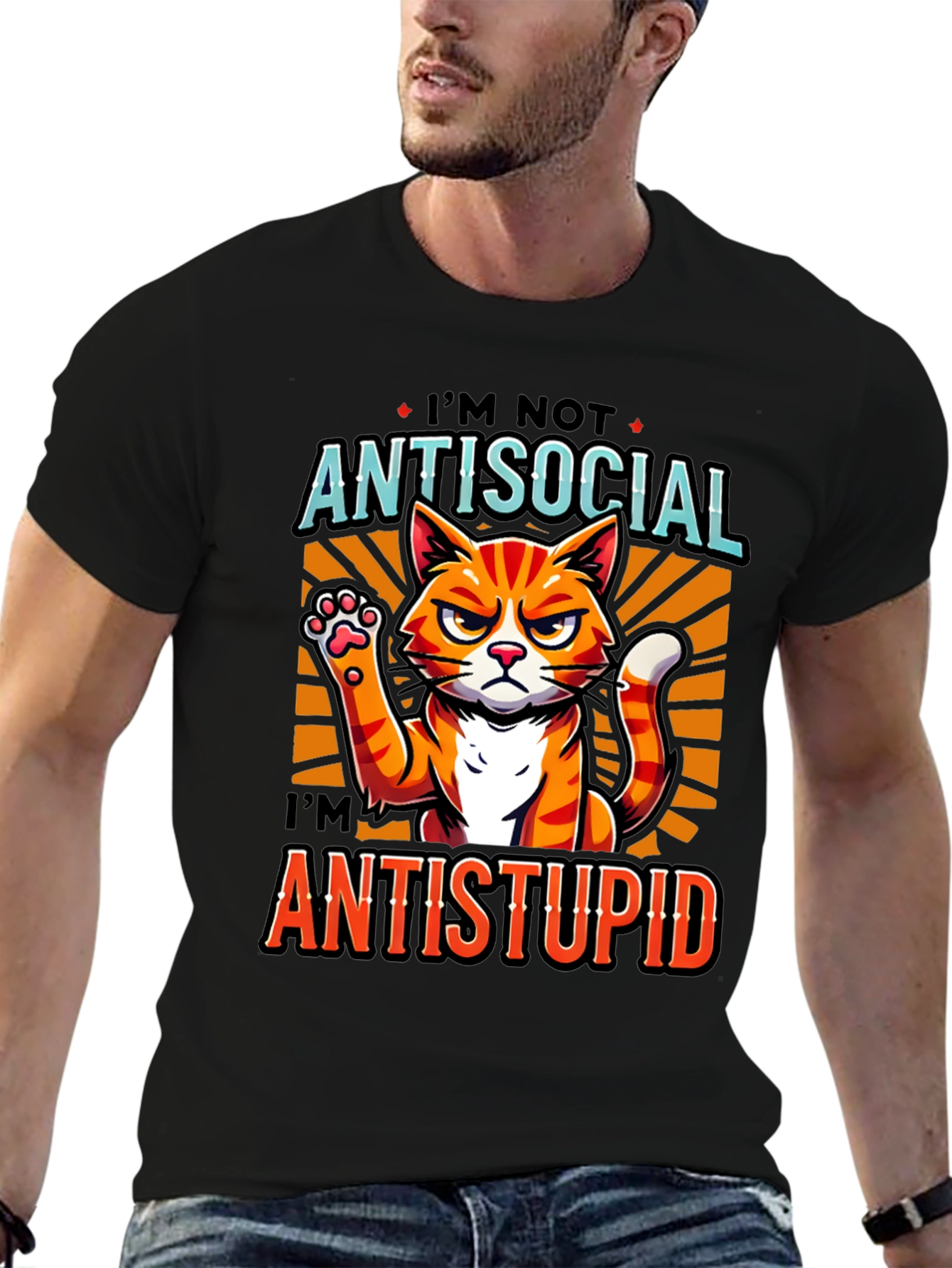 Antisocial Antistupid Cat Graphic T-Shirt