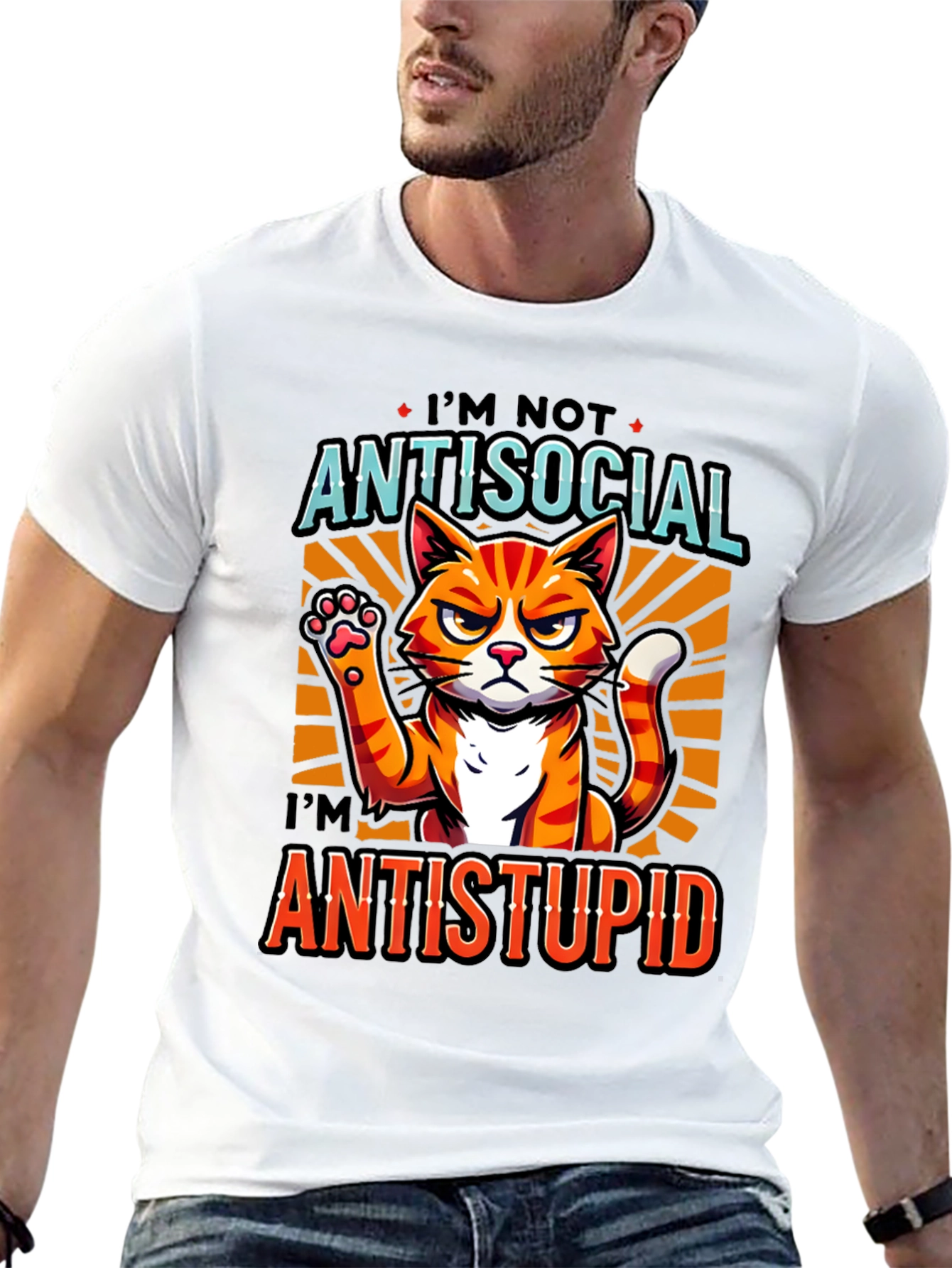 Antisocial Antistupid Cat Graphic T-Shirt