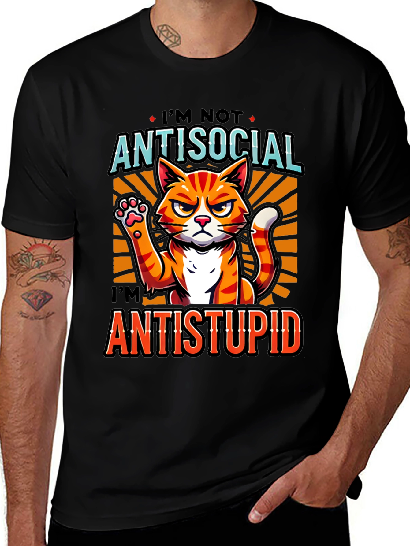 Antisocial Antistupid Cat Graphic T-Shirt