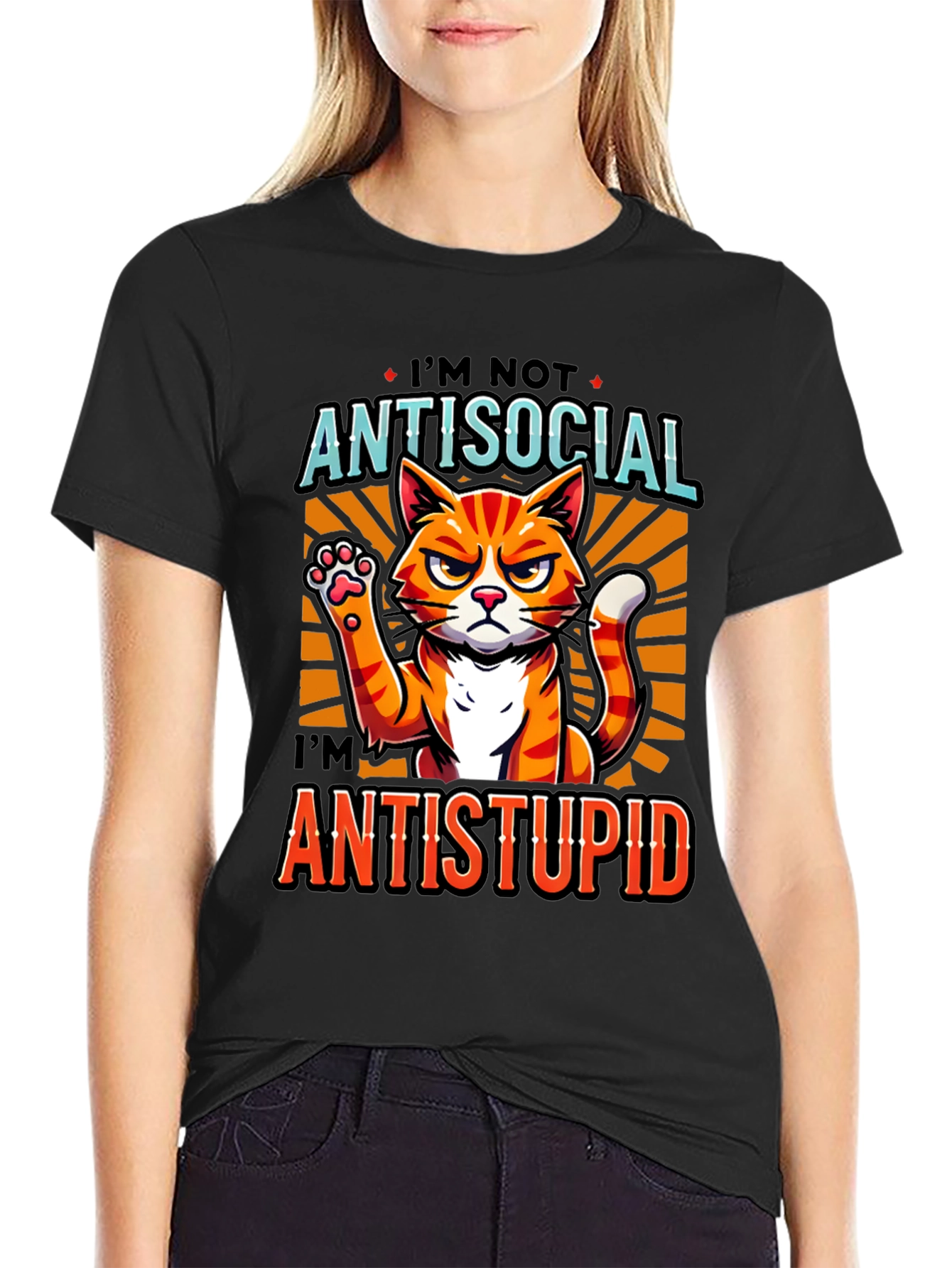 Antisocial Antistupid Cat Graphic T-Shirt