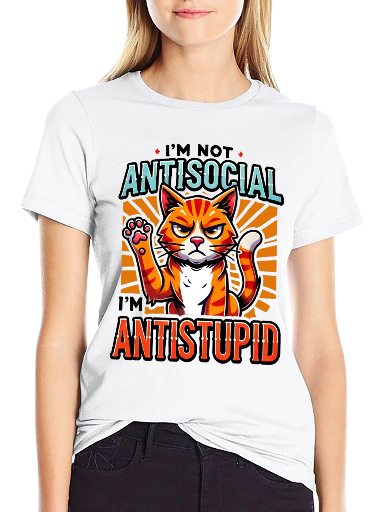 Antisocial Antistupid Cat Graphic T-Shirt