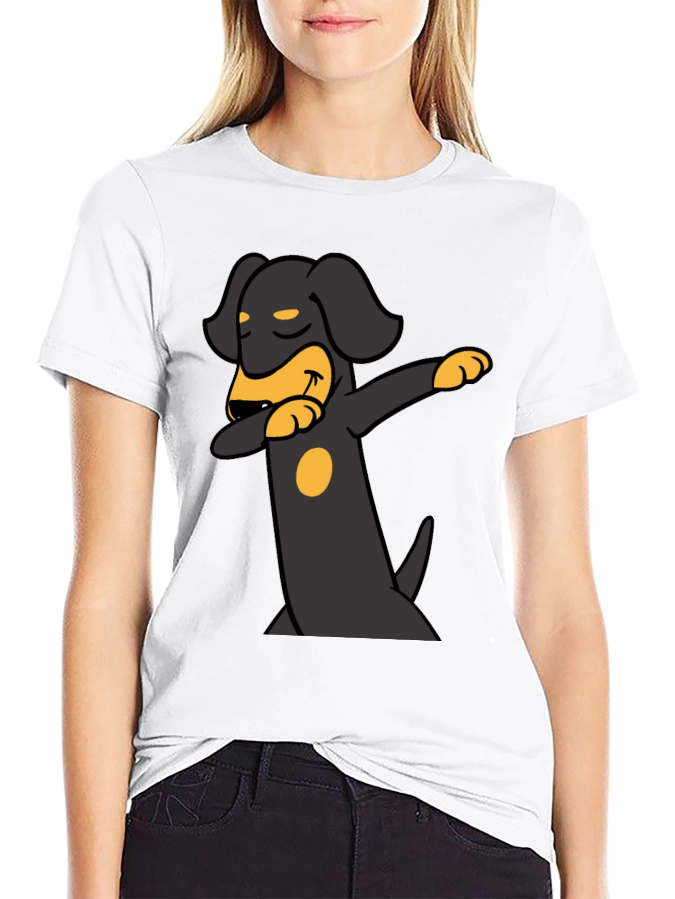Dachshund Dabbing Graphic Tee - Black Cotton Blend