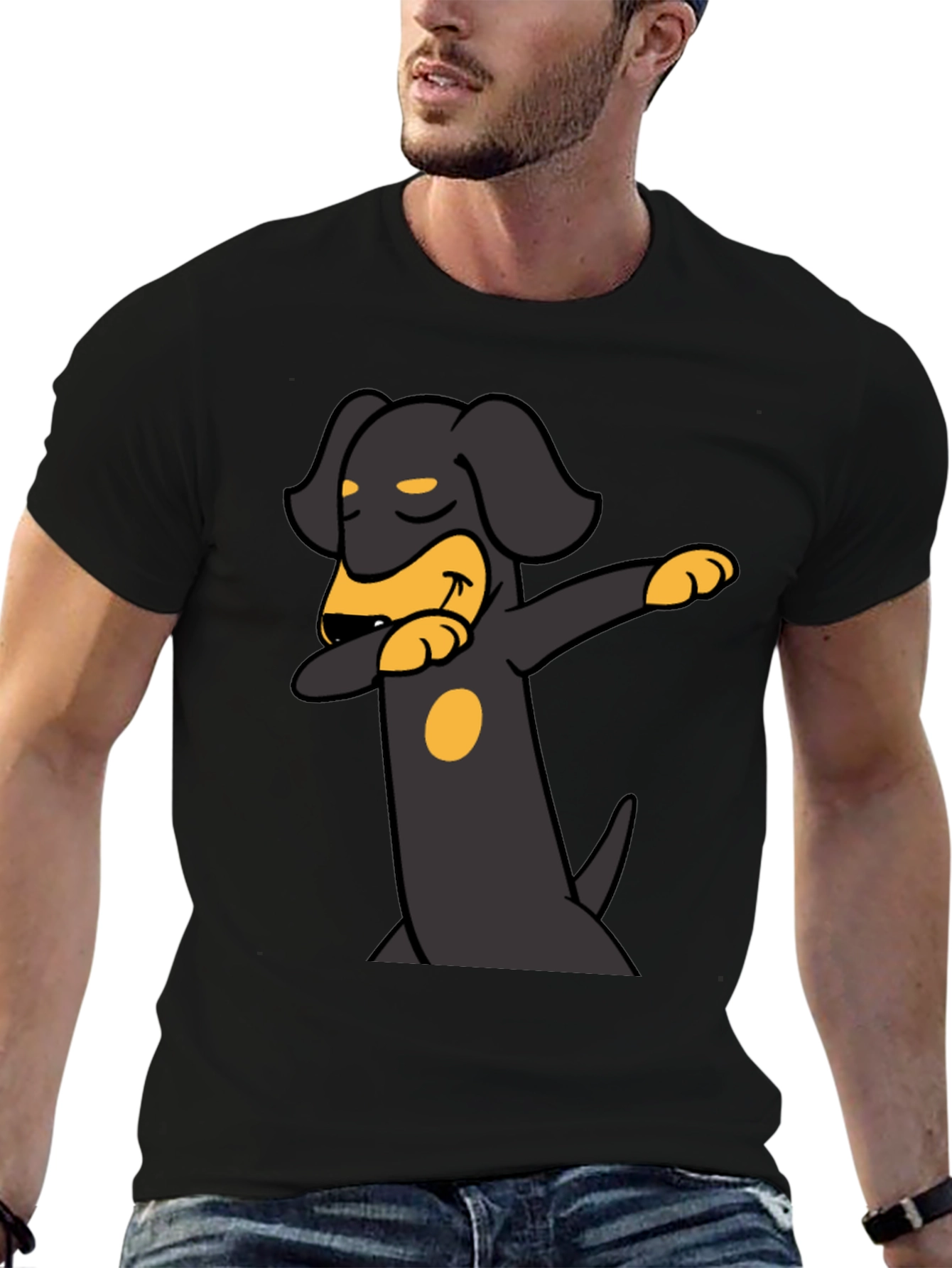 Dachshund Dabbing Graphic Tee - Black Cotton Blend