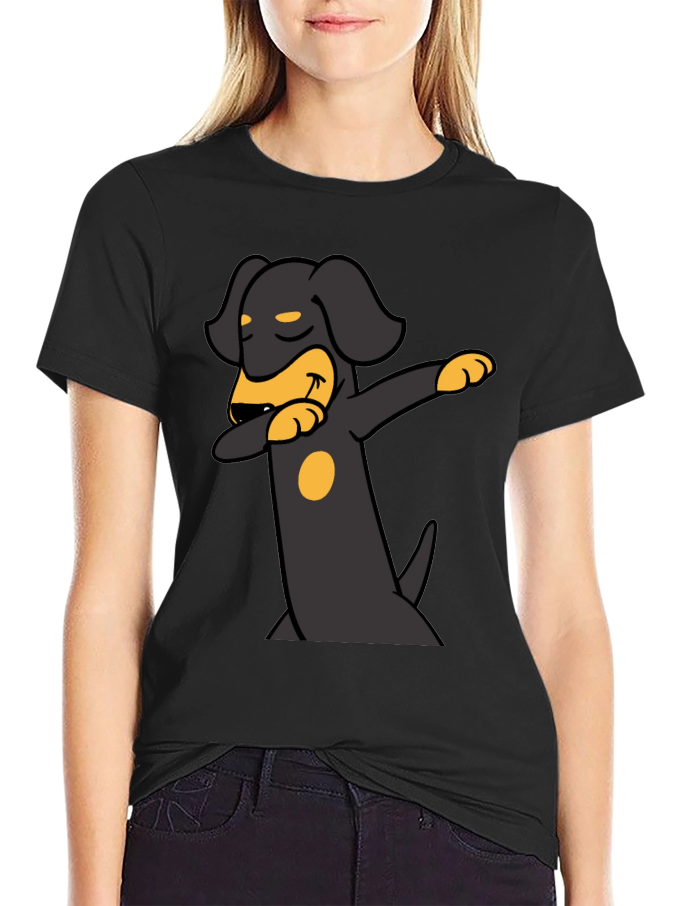 Dachshund Dabbing Graphic Tee - Black Cotton Blend
