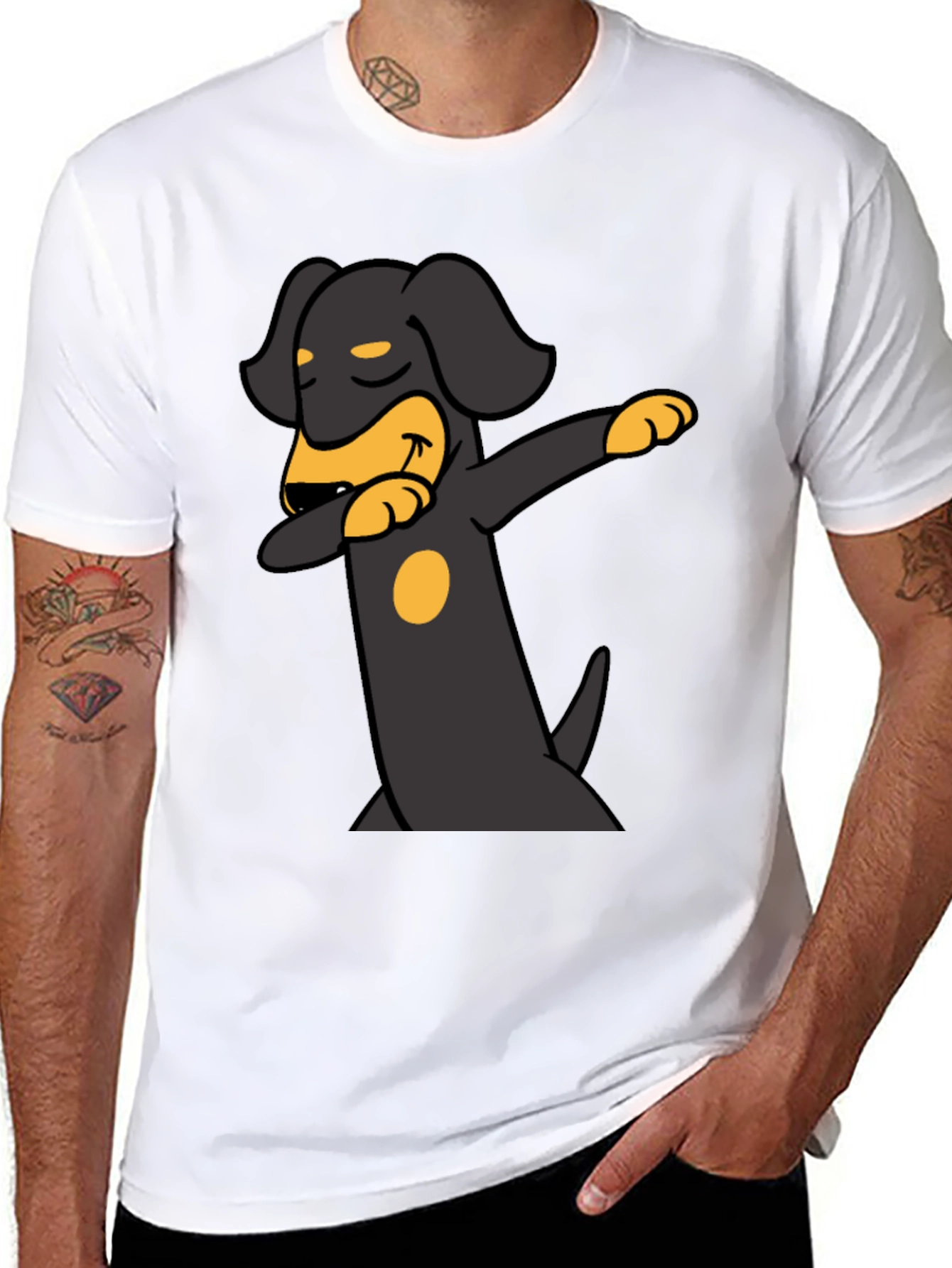 Dachshund Dabbing Graphic Tee - Black Cotton Blend