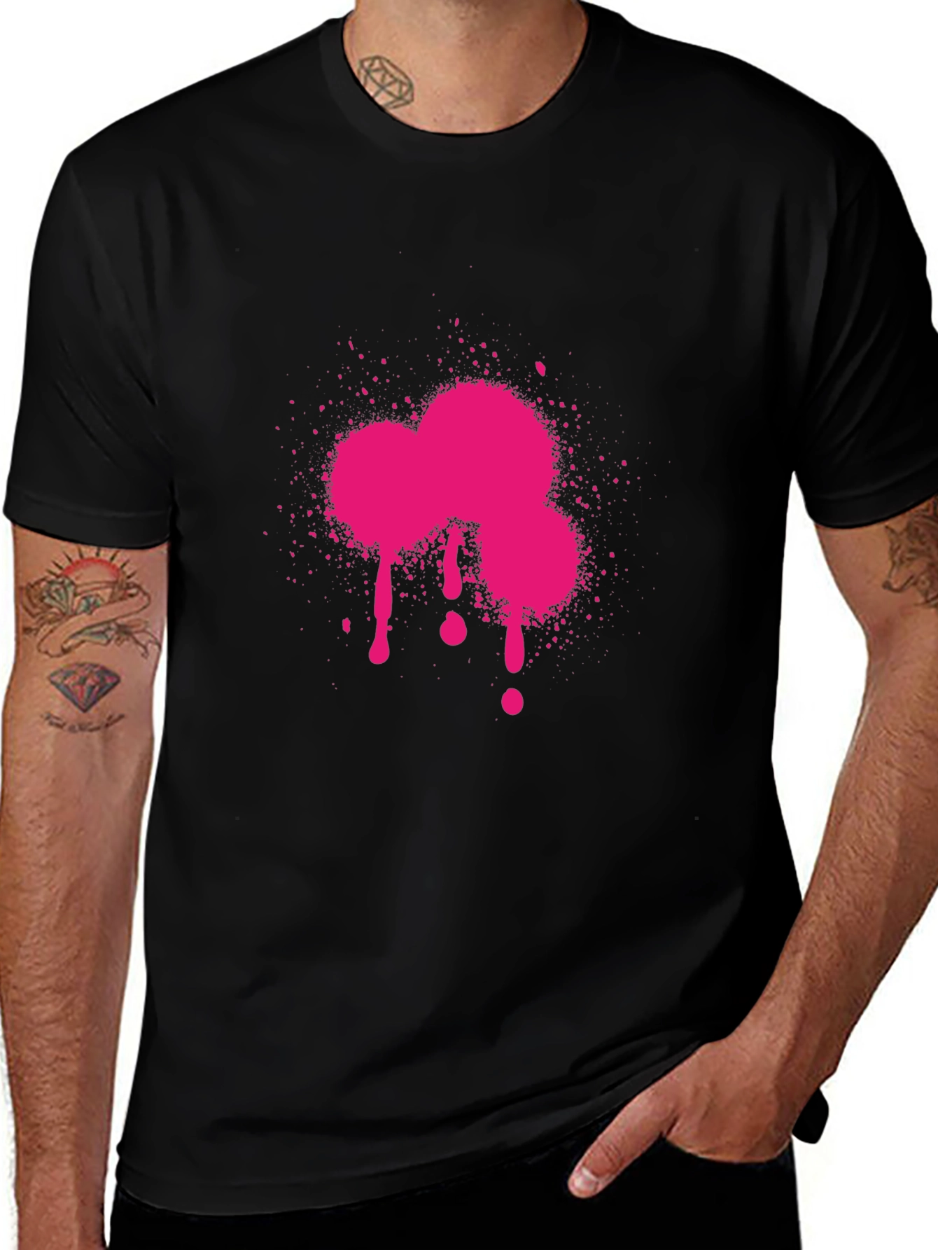 Pink Paint Splatter Graphic Black T-Shirt