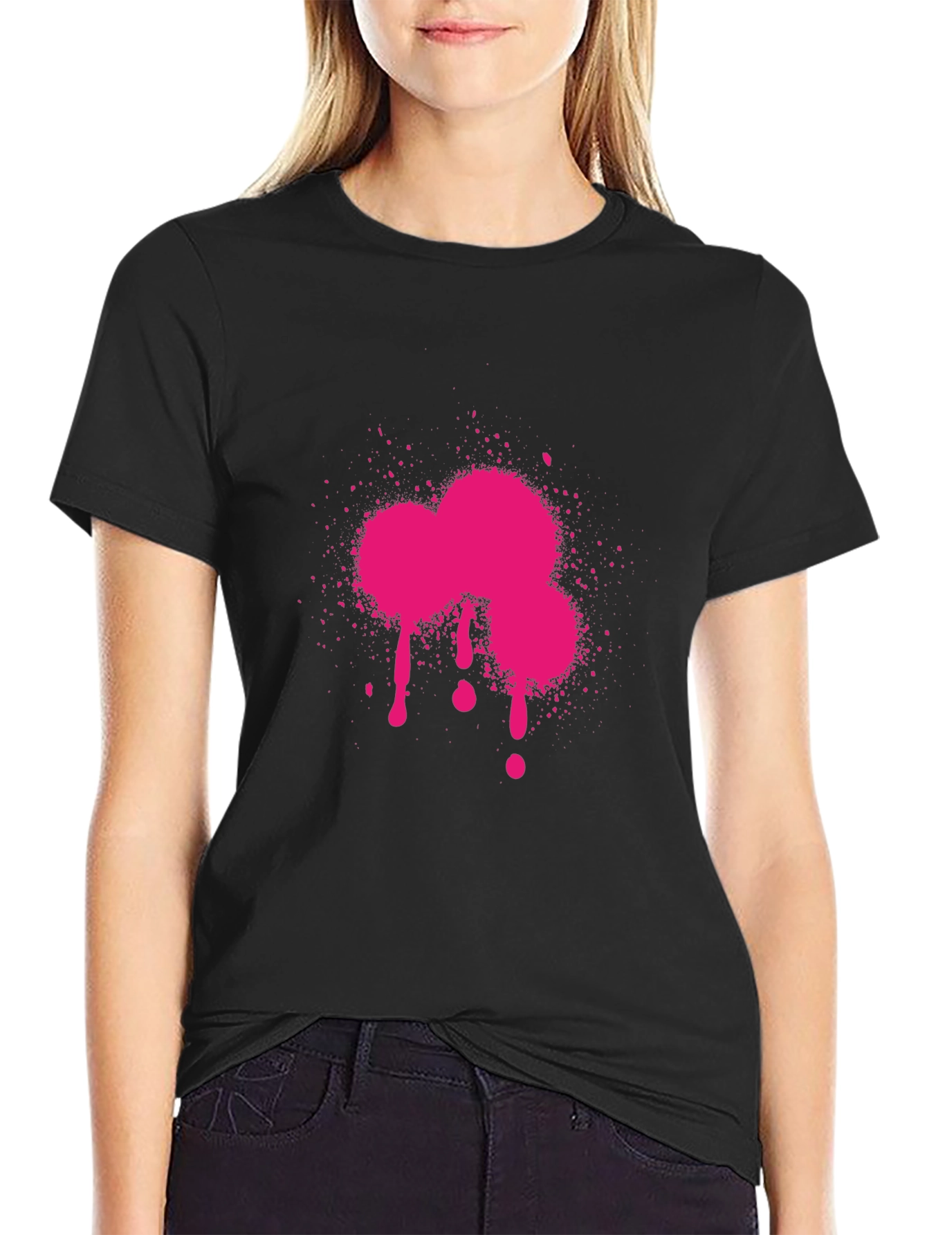Pink Paint Splatter Graphic Black T-Shirt