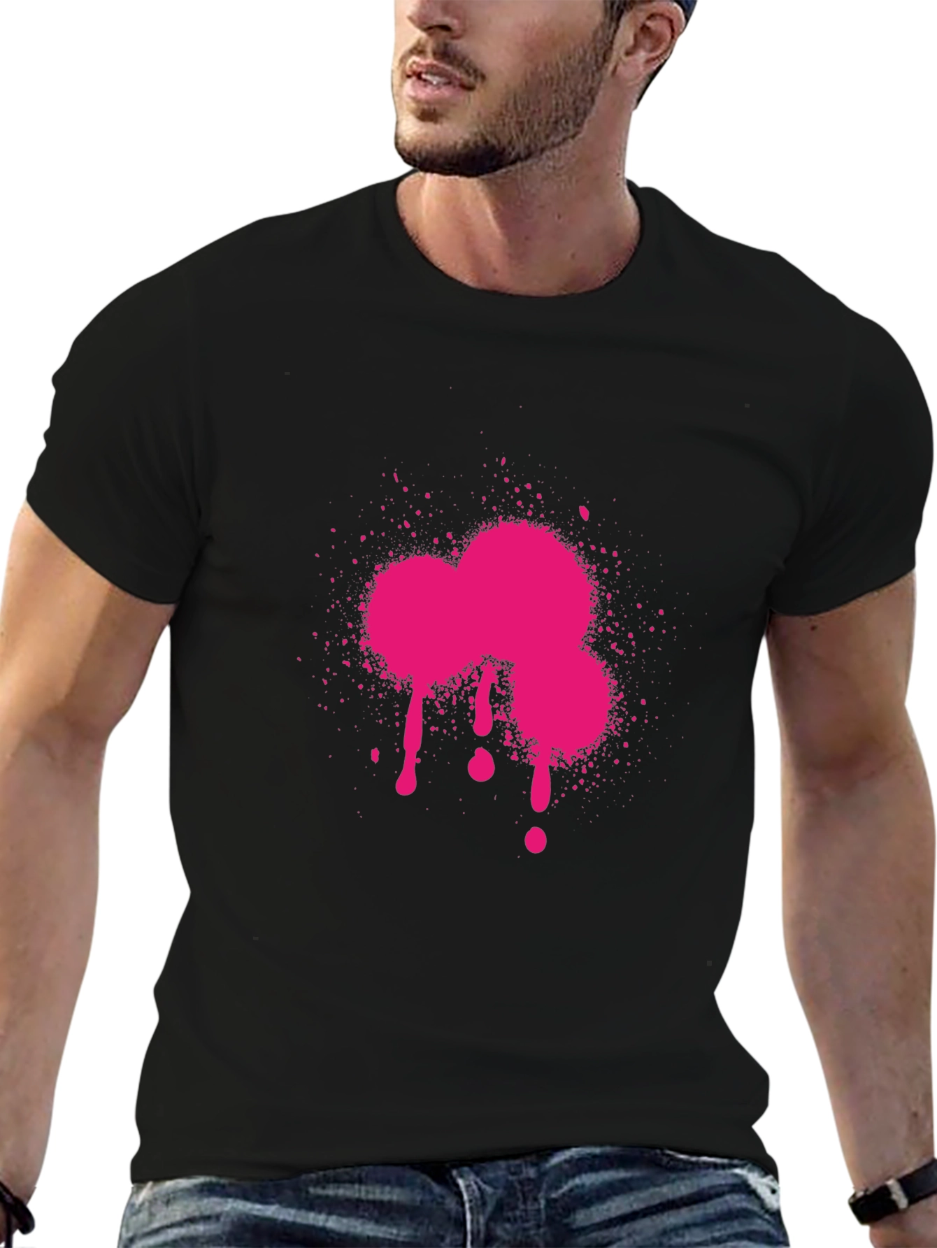 Pink Paint Splatter Graphic Black T-Shirt