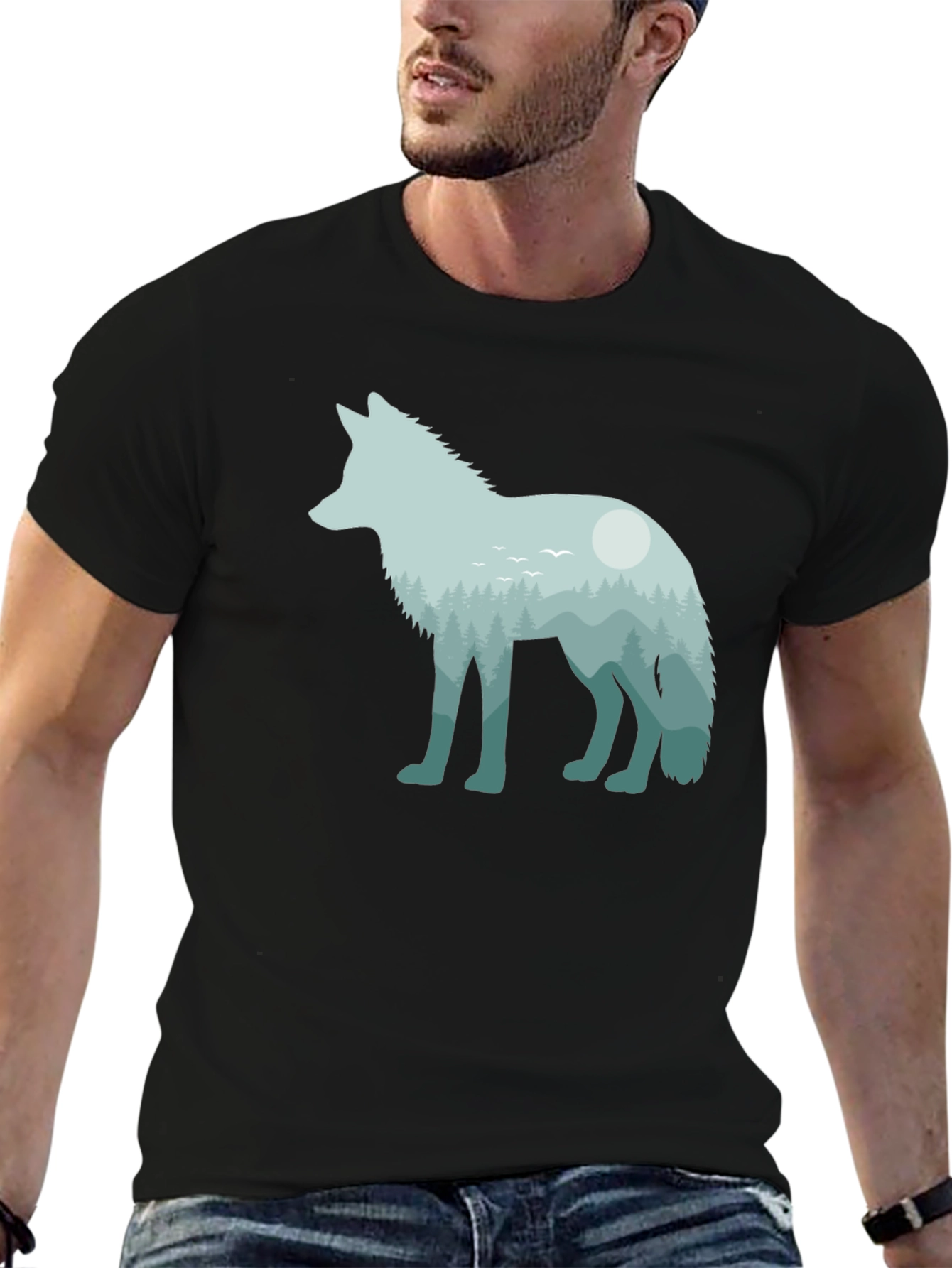 Wolf Nature Scene Graphic Tee - Unisex Black T-Shirt