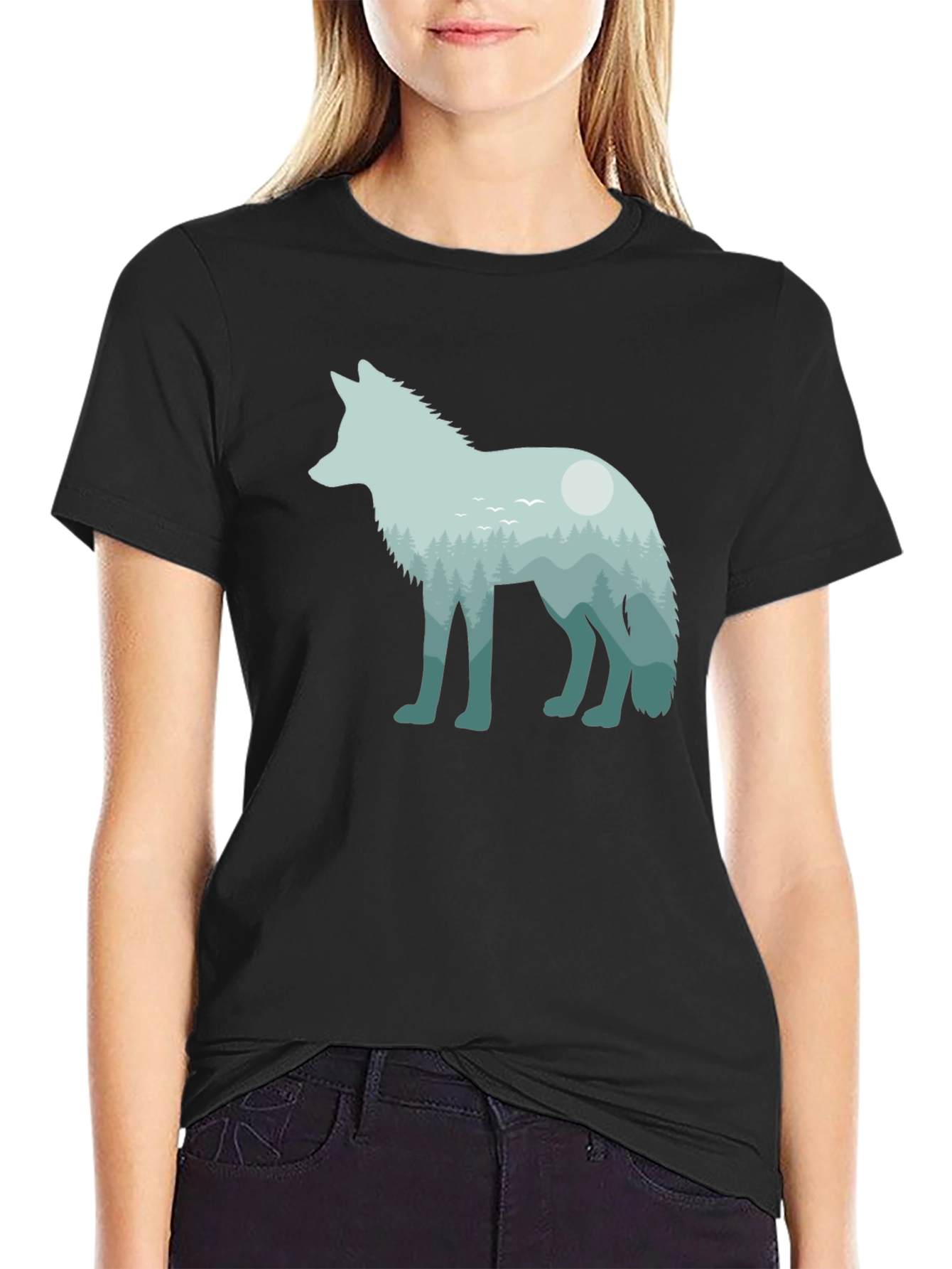 Wolf Nature Scene Graphic Tee - Unisex Black T-Shirt
