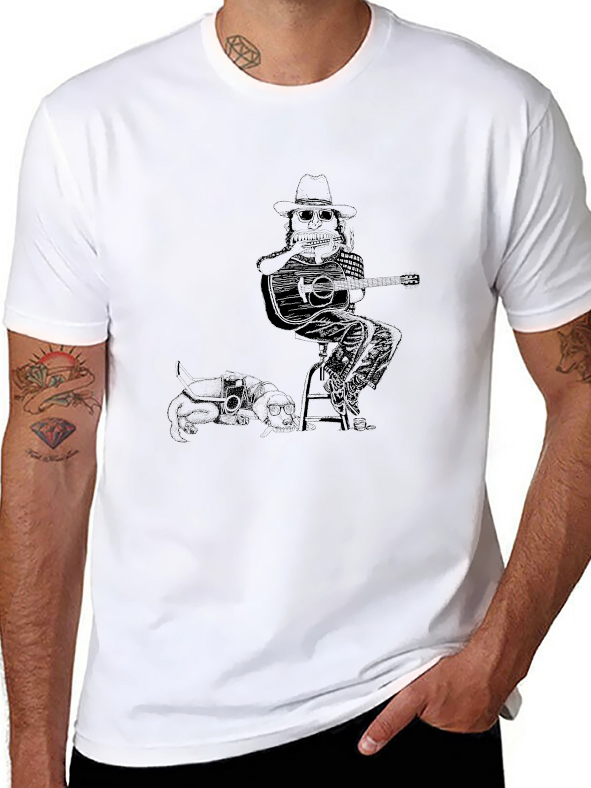 Musician & Dog Graphic T-Shirt - Unisex Black Tee