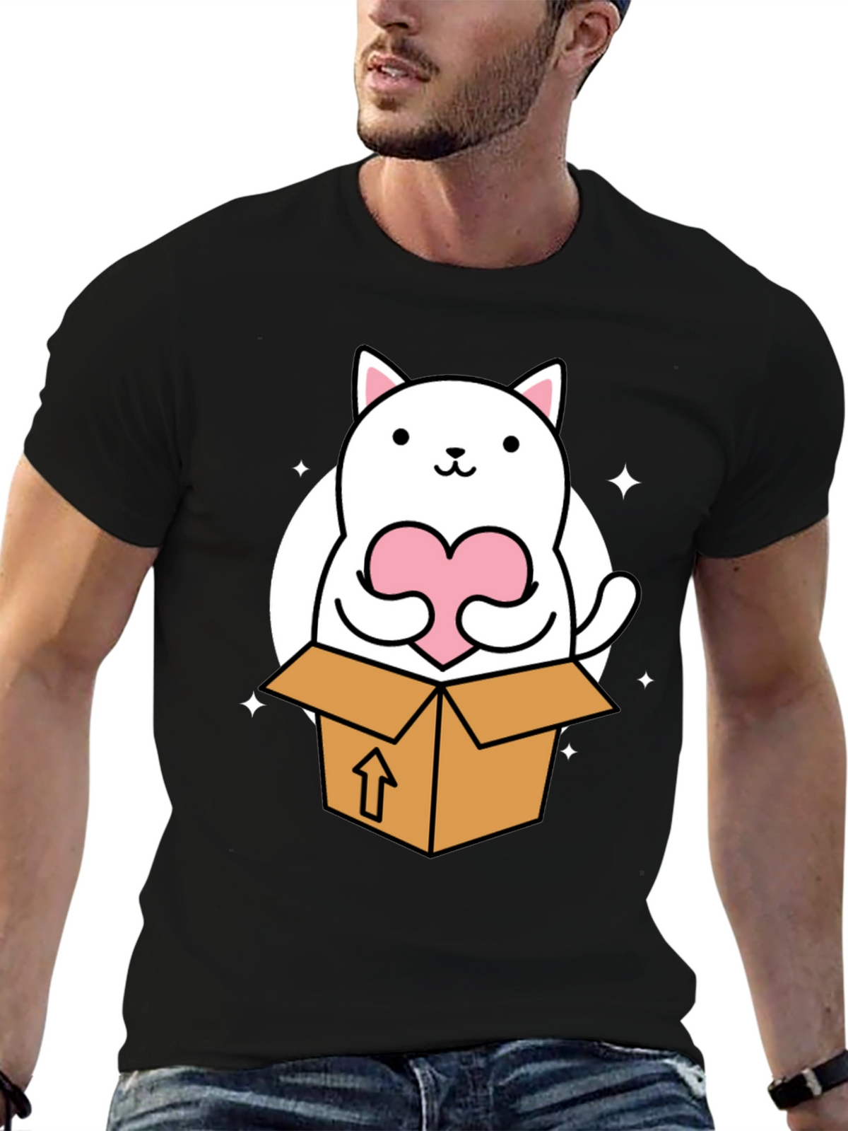 Cute Cat in Box Holding Heart T-Shirt