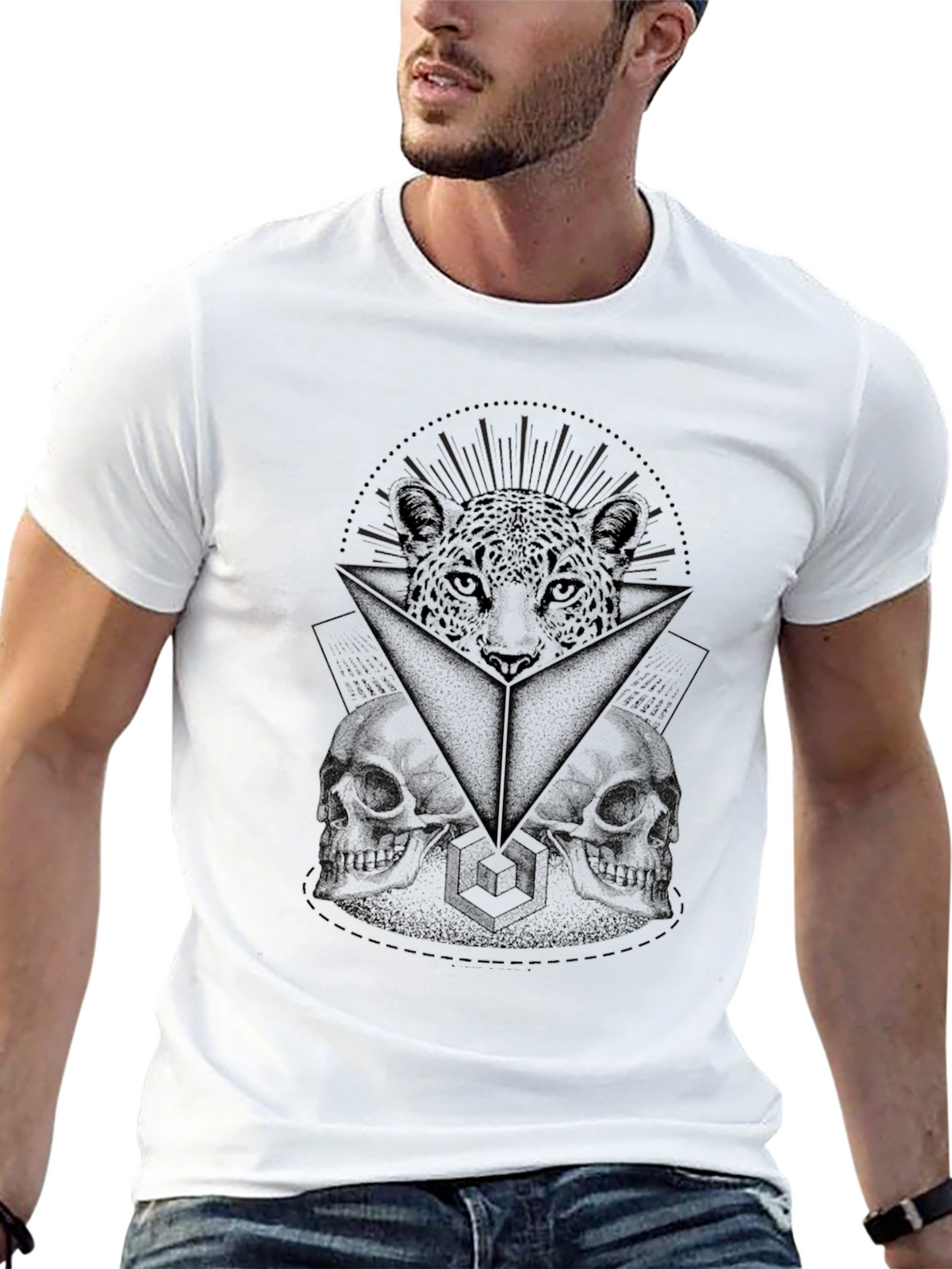 Graphic Print T-Shirt: Leopard & Skulls