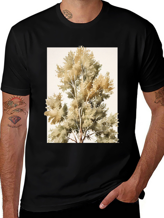 Tree Watercolor Print Black T-Shirt