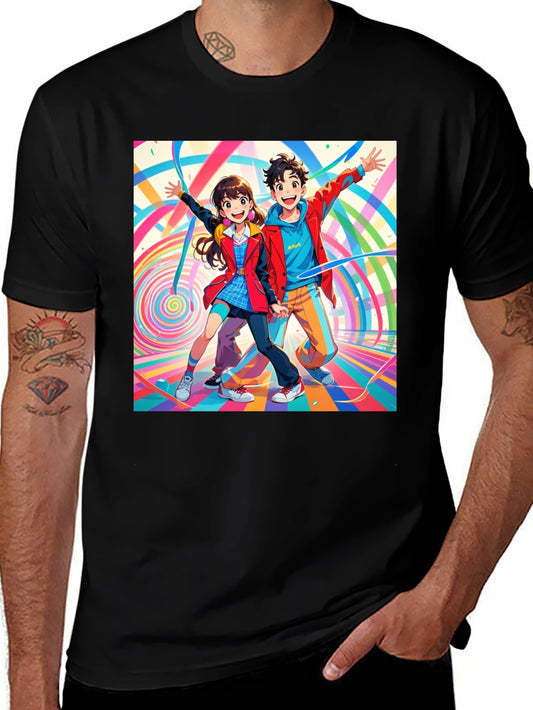 Anime Couple Graphic Print Black T-Shirt