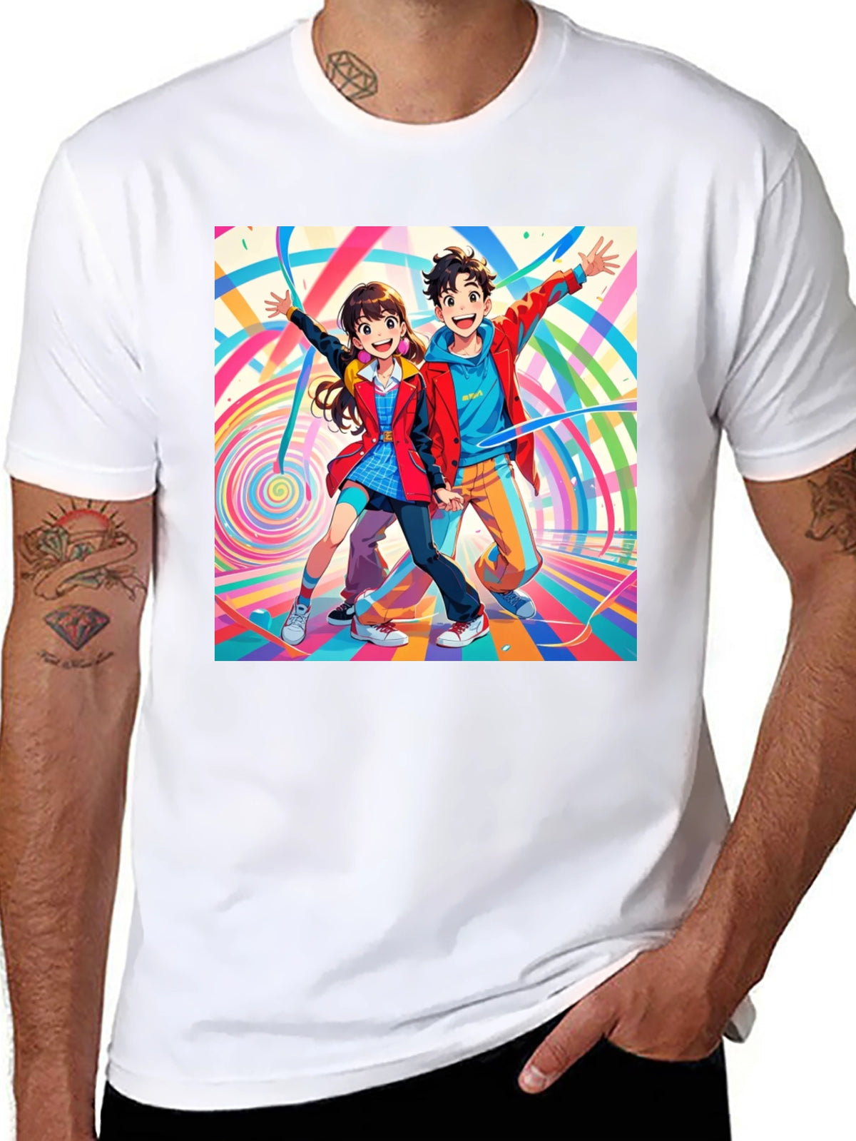 Anime Couple Graphic Print Black T-Shirt