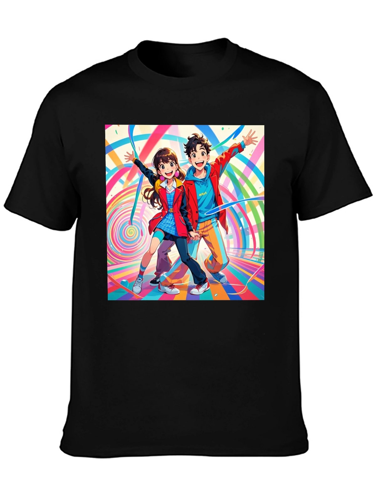 Anime Couple Graphic Print Black T-Shirt