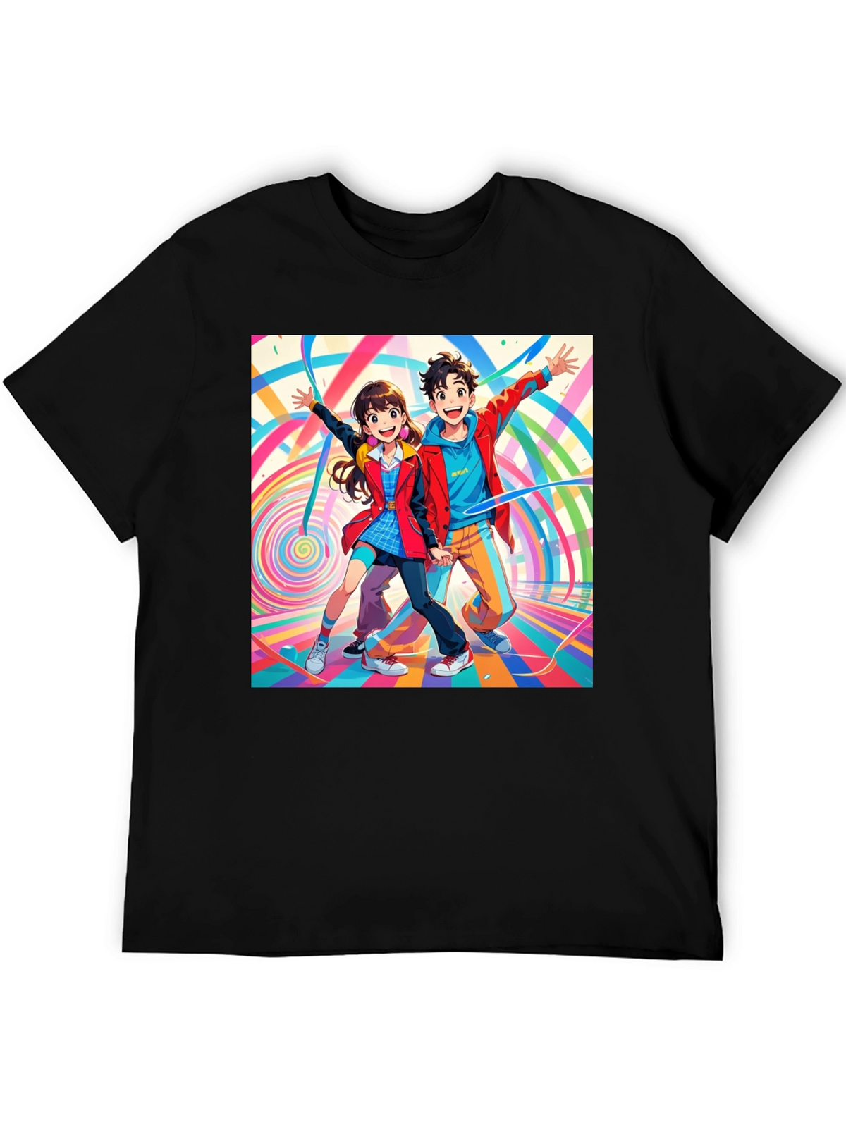 Anime Couple Graphic Print Black T-Shirt