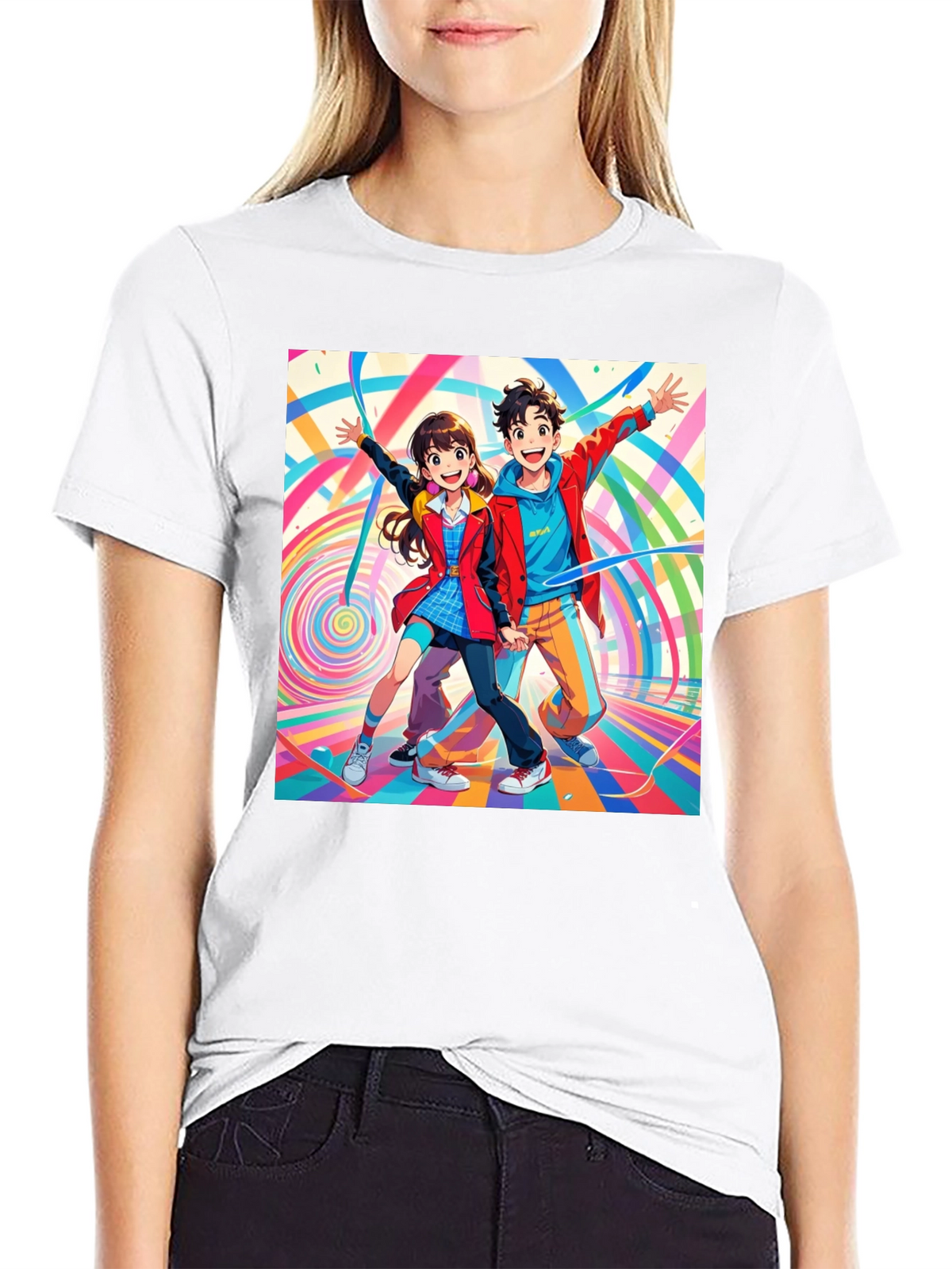 Anime Couple Graphic Print Black T-Shirt