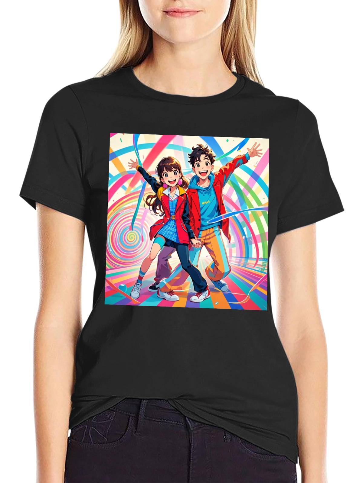 Anime Couple Graphic Print Black T-Shirt
