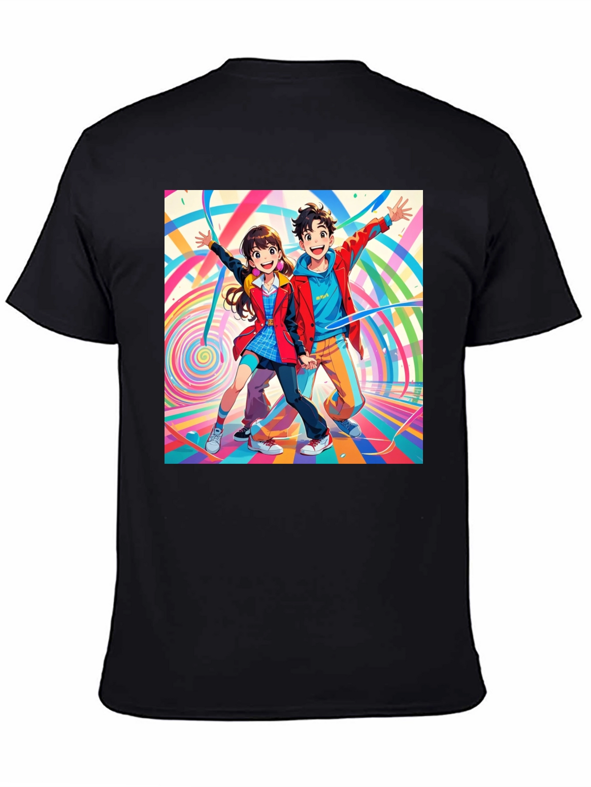 Anime Couple Graphic Print Black T-Shirt