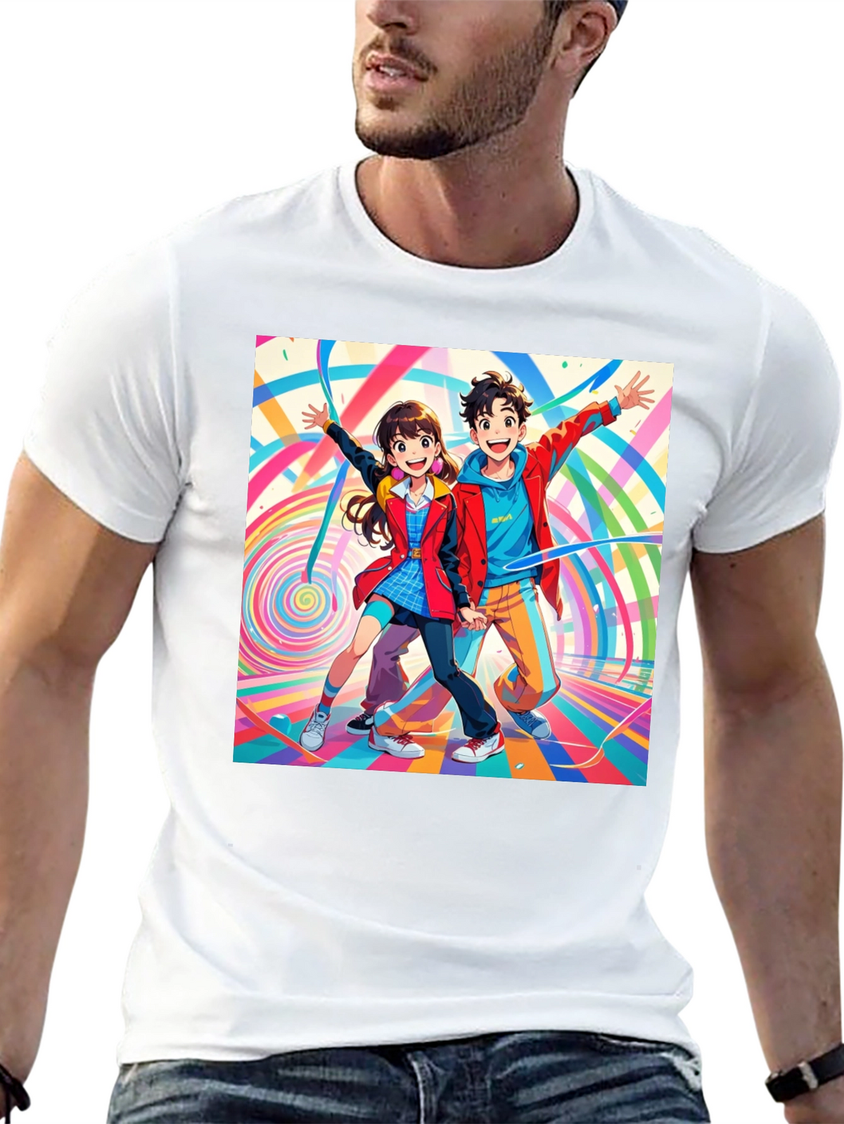 Anime Couple Graphic Print Black T-Shirt